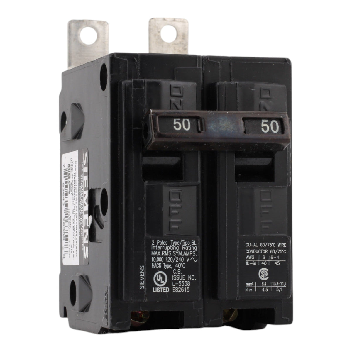 Siemens B250 50A 120/240V 2-Pole Thermal Magnetic Circuit Breaker, Type BL, 10kA Interrupt
