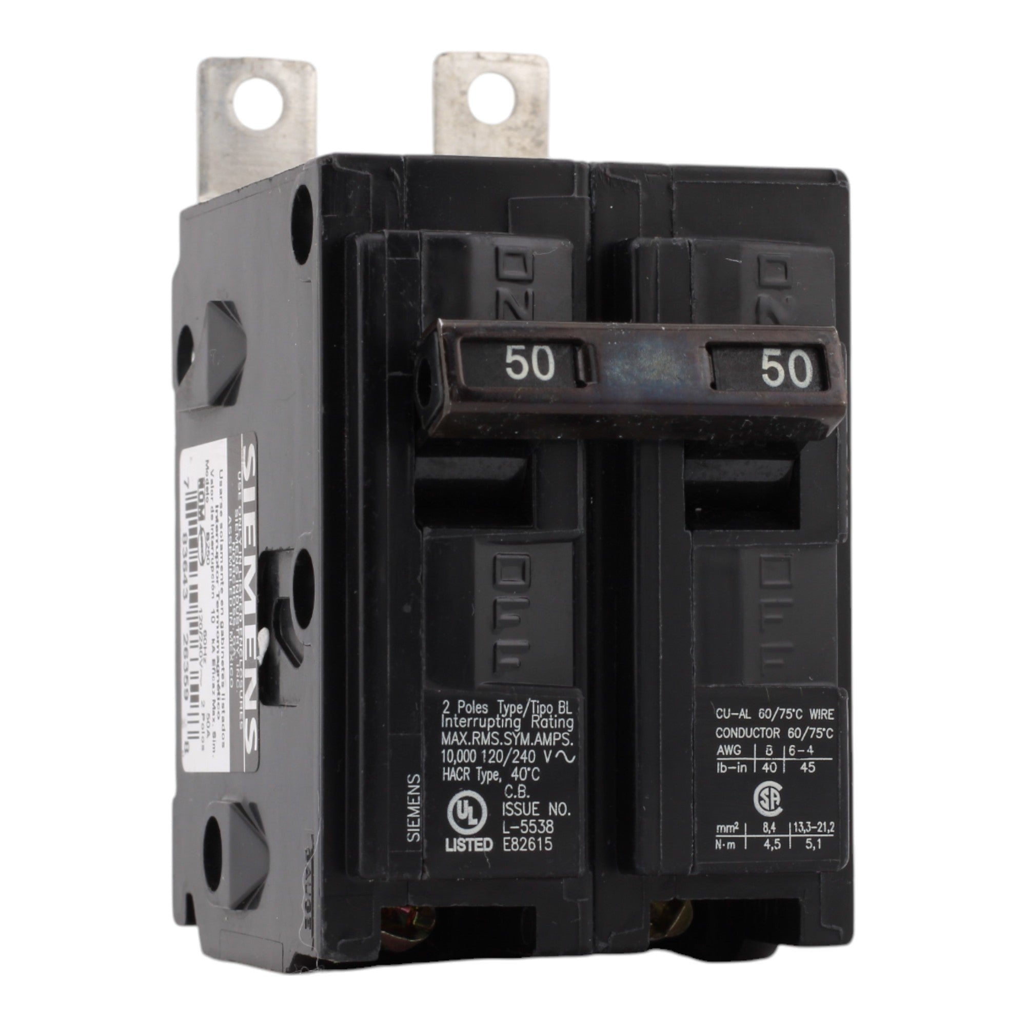 Siemens B250 50A 120/240V 2-Pole Thermal Magnetic Circuit Breaker, Type BL, 10kA Interrupt