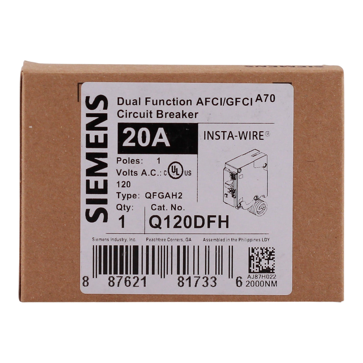 Siemens QFGA2, Q120DFH, 20A, 1P, 120V, Dual Function AFCI/GFCI, Pigtail Neutral, Circuit Breaker - Image 3
