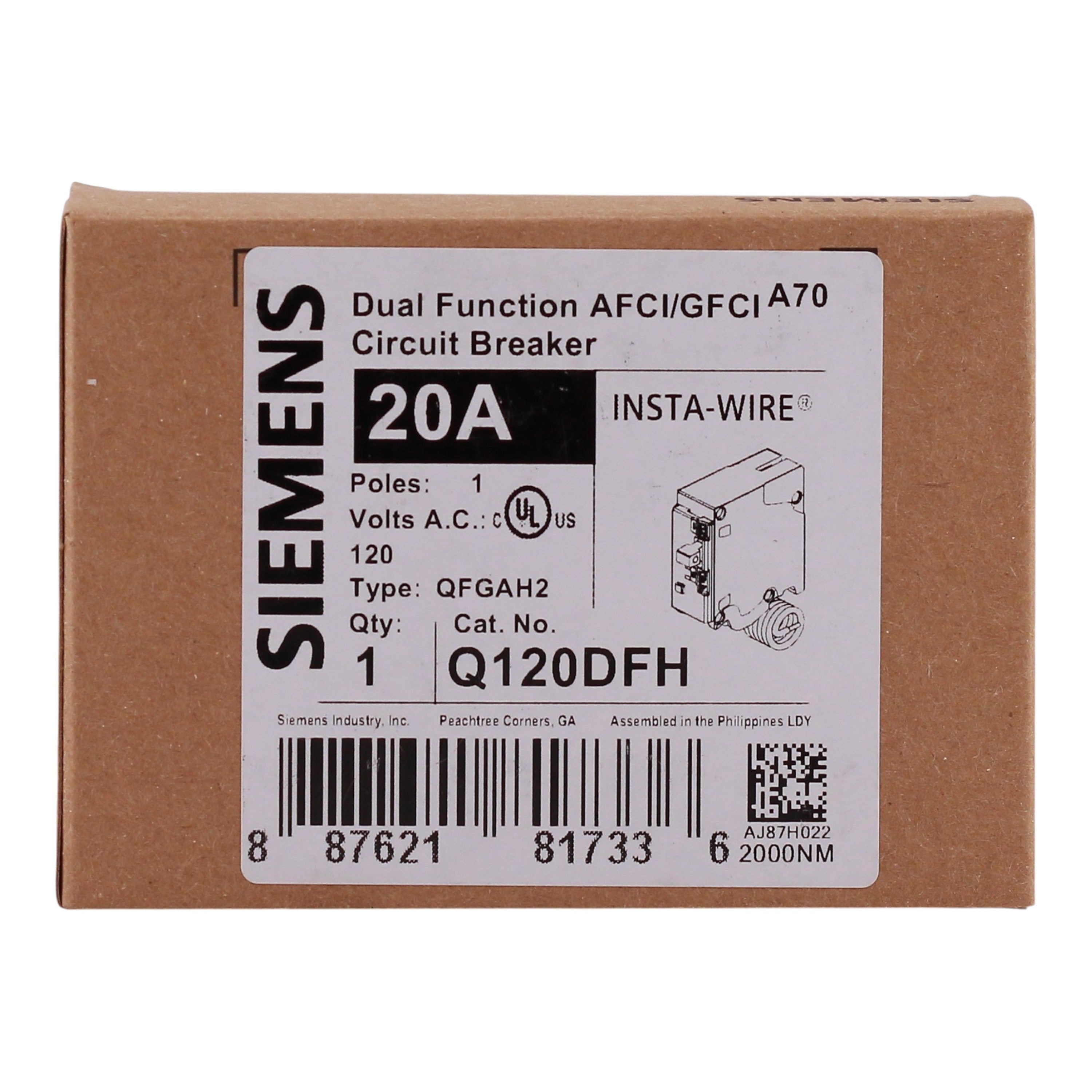Siemens QFGA2, Q120DFH, 20A, 1P, 120V, Dual Function AFCI/GFCI, Pigtail Neutral, Circuit Breaker - Image 3