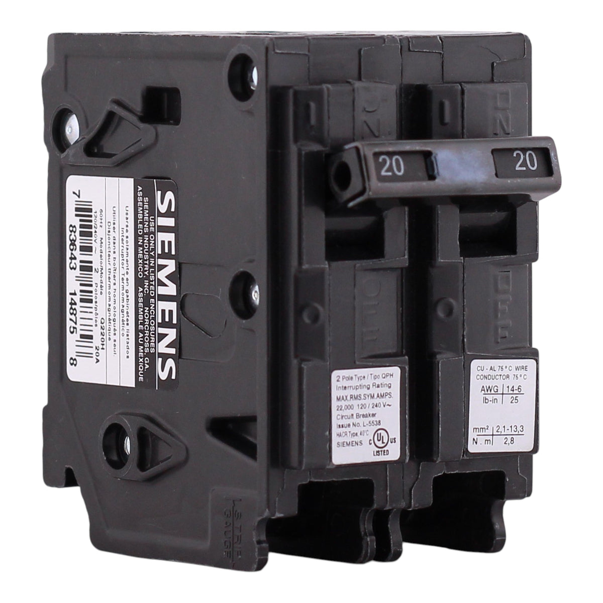 Siemens QP, Q220H, 20A, 2P, 120/240V, 22kAIC, Thermal Magnetic, Circuit Breaker - Image 3