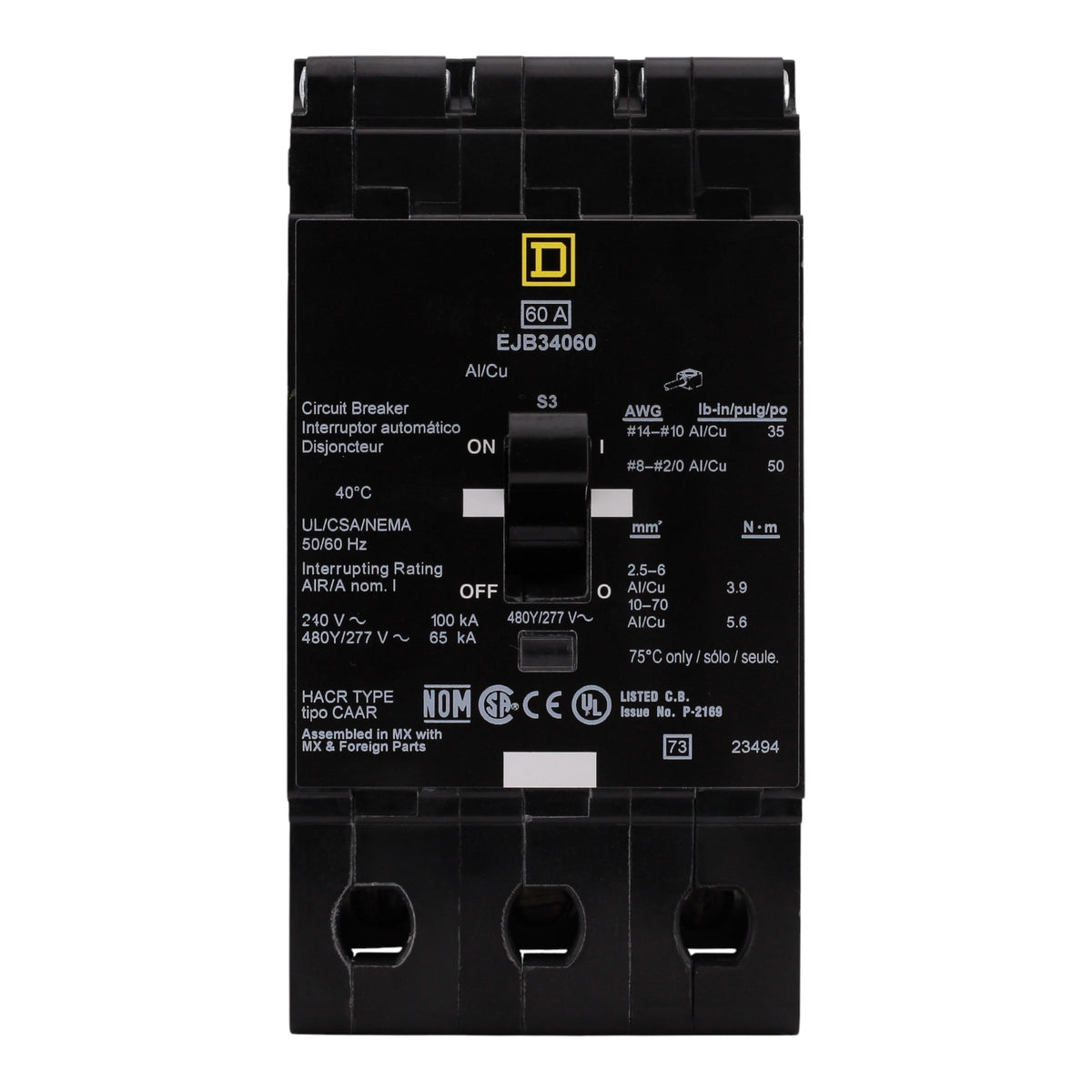 Square D E-Frame, EJB34060, 60A, 3P, 480Y/277V, Thermal-Magnetic, Bolt-On, Circuit Breaker - Image 4