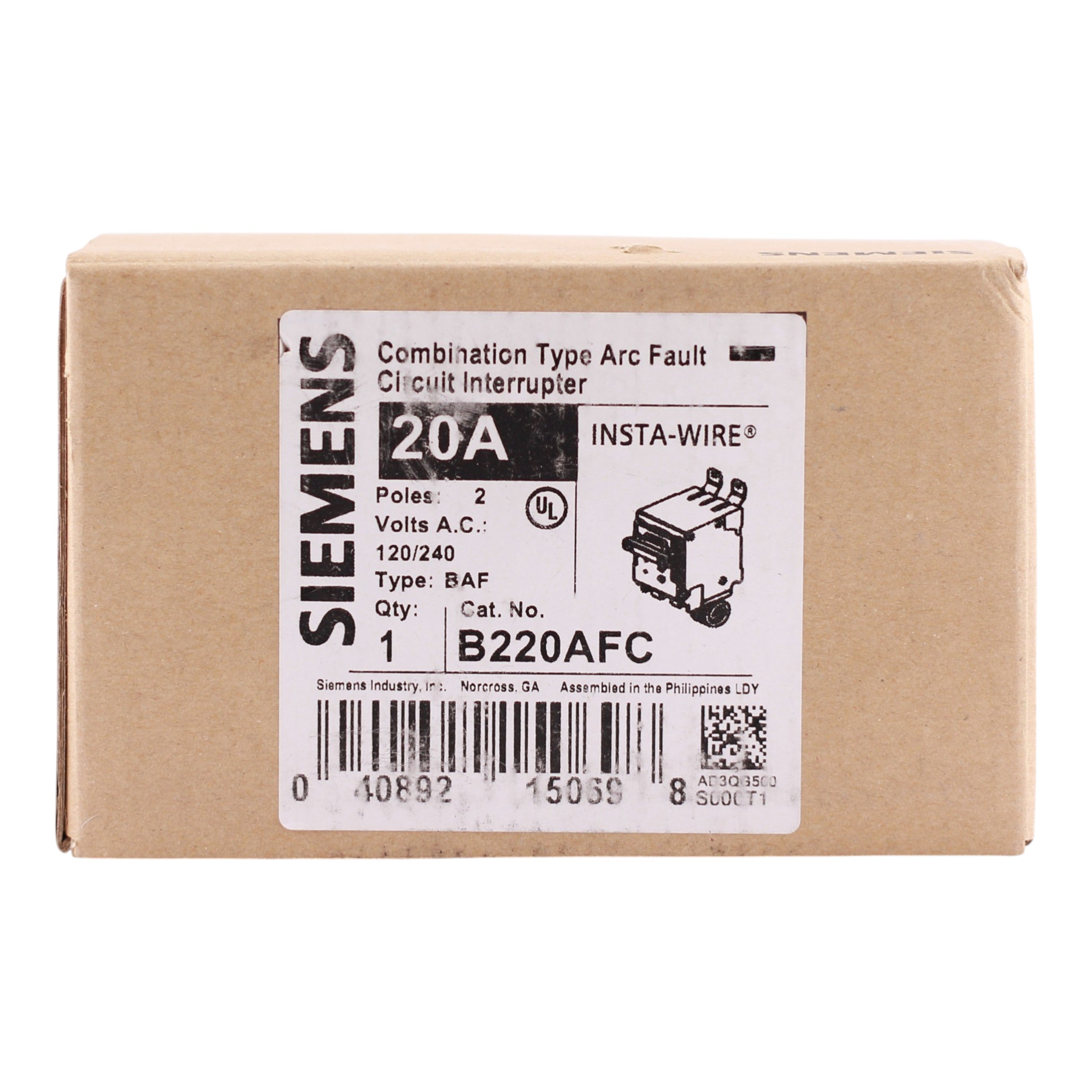 Siemens BAF, B220AFC, 20A, 2P, 120/240V, AFCI, Pigtail Neutral, Panelboard Circuit Breaker - Image 3
