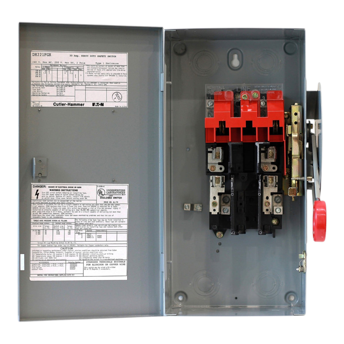 Eaton DH, DH221FGK, 30A, 2P, 240V, Fusible, Class H, NEMA 1, Heavy Duty Safety Switch - Image 5