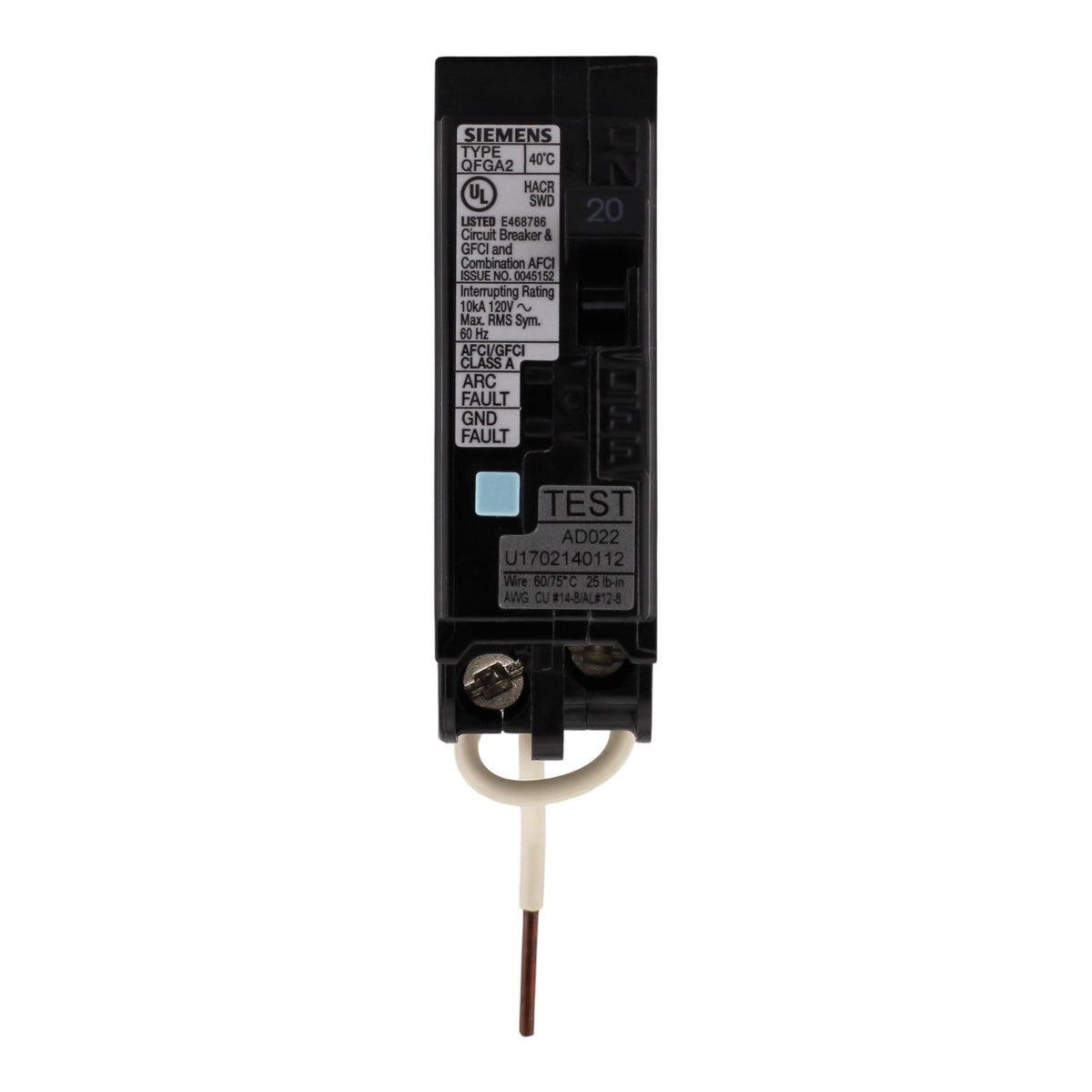 Siemens Q Q120DFWG 20A 1P 120V AFCI/GFCI Short Pigtail Neutral Circuit Breaker - Image 4