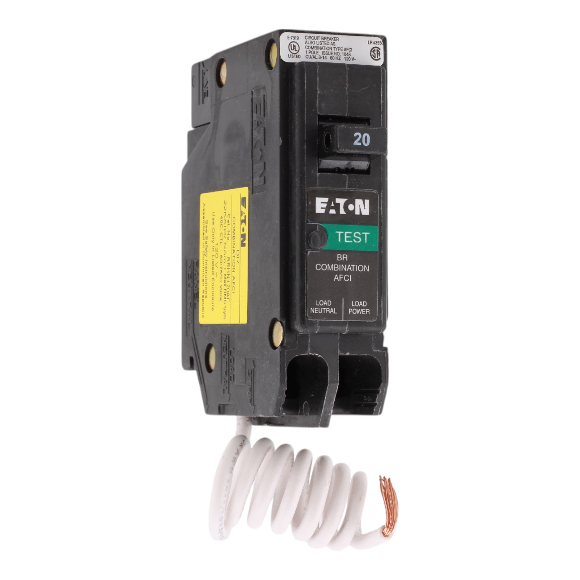 Eaton BRHN120AF, 20A, 120V, 1-Pole AFCI Circuit Breaker, Pigtail Neutral, Plug-On, for BR Load Centers