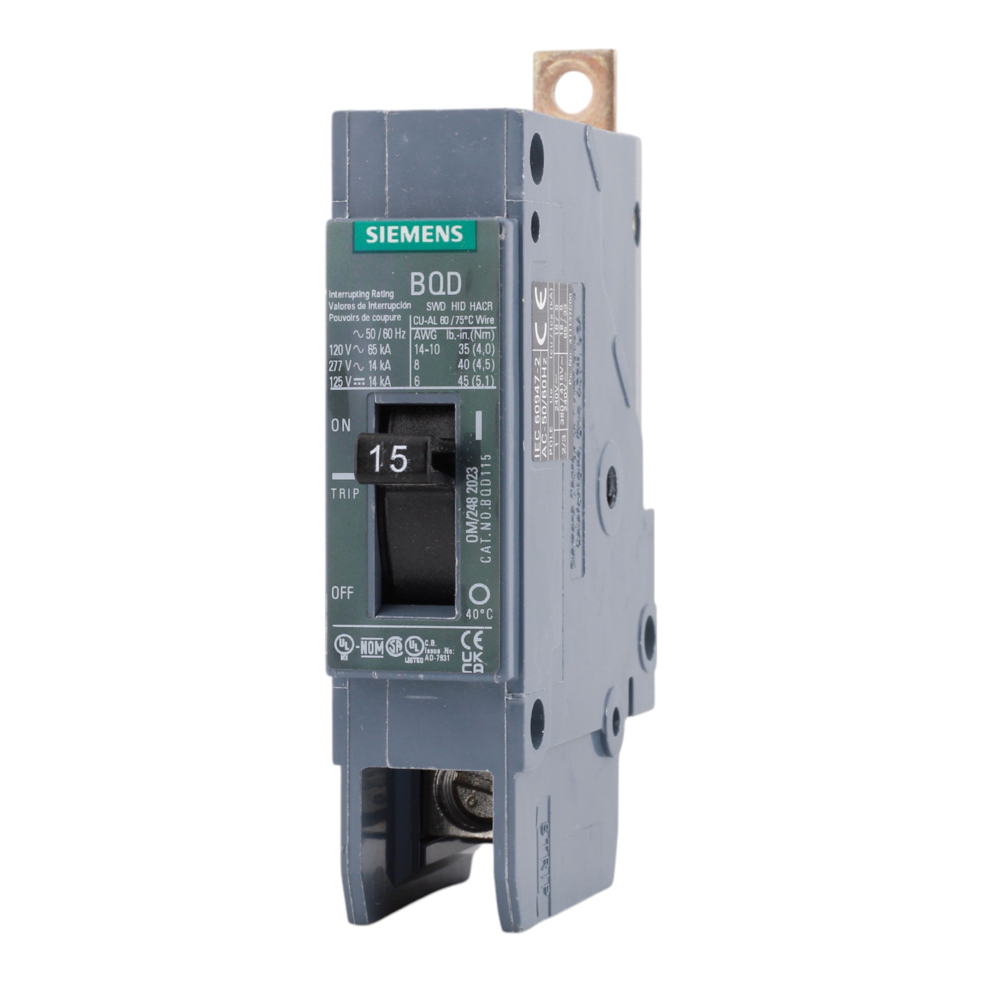 Siemens BQD115, 15A, 277V, 1-Pole Molded Case Circuit Breaker, Thermal Magnetic, 14kA Interrupt Rating - Image 3