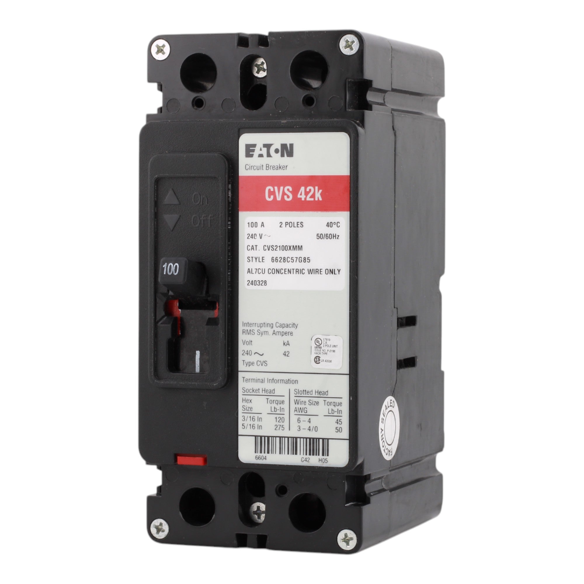 Eaton CVS2100XMM Molded Case Circuit Breaker, 100A, 2-Pole, 42 kAIC, Includes Mounting Kit, #6-4/0 AWG Wire Size - Image 4