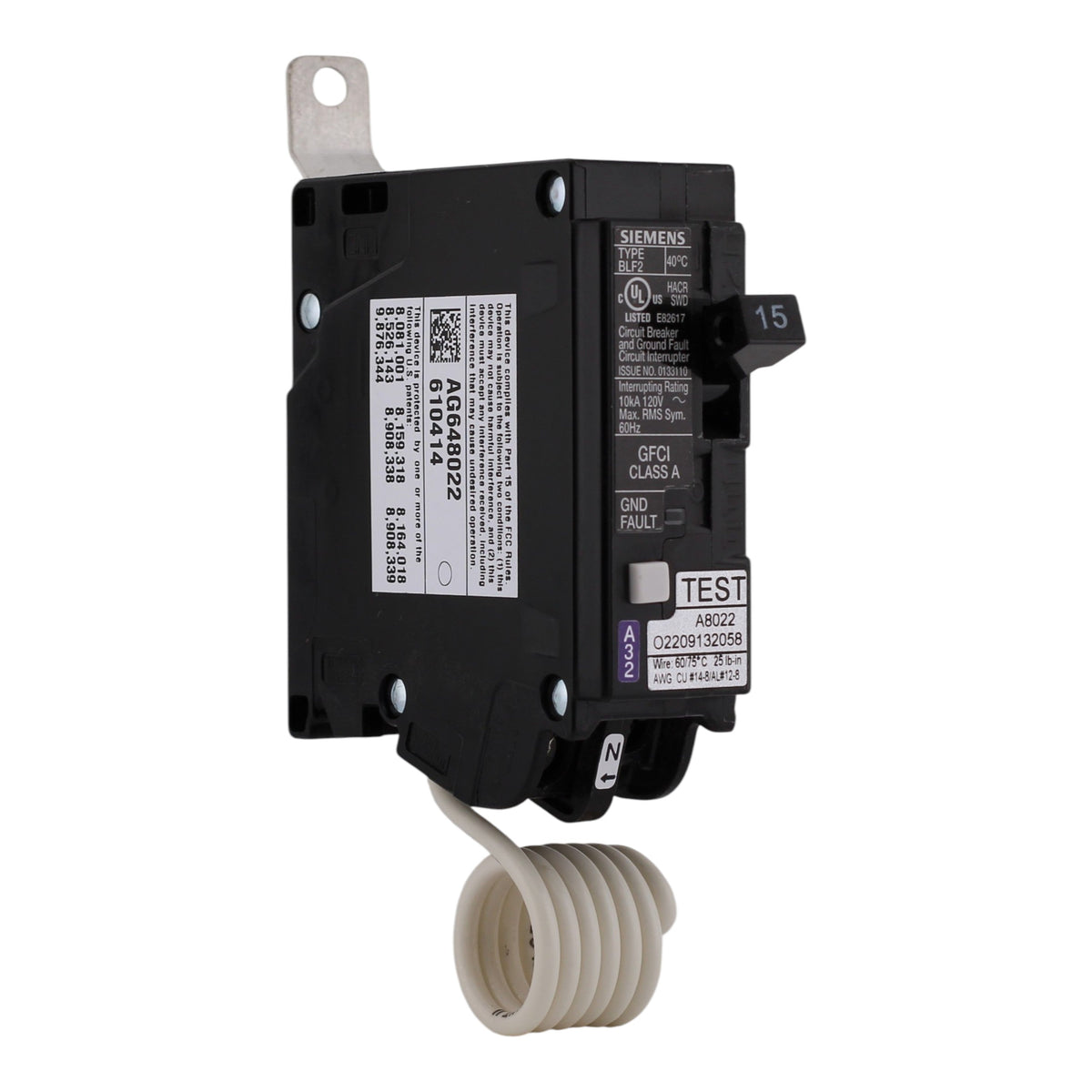 Siemens BLF, BF115A, 15A, 1P, 120V, GFCI, Bolt-On,  Pigtail Neutral, Circuit Breaker