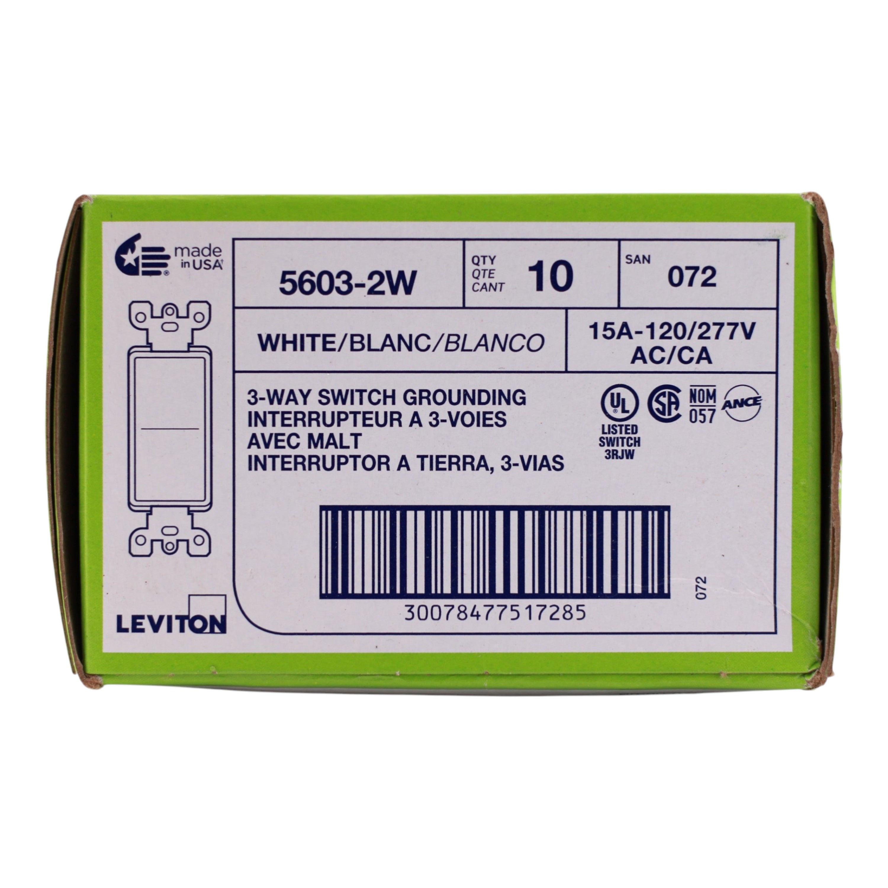 NEW - 10-PACK Leviton Decora, 5603-2W, 15A, 120/277V, 3-Way, AC Quiet Rocker Switch, Grounding, White - Image 3