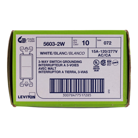 NEW - 10-PACK Leviton Decora, 5603-2W, 15A, 120/277V, 3-Way, AC Quiet Rocker Switch, Grounding, White - Image 3