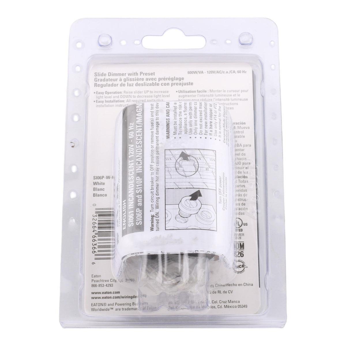 Eaton SI06P-W-K 600W 1P/3W 120V Slide Dimmer - Image 2