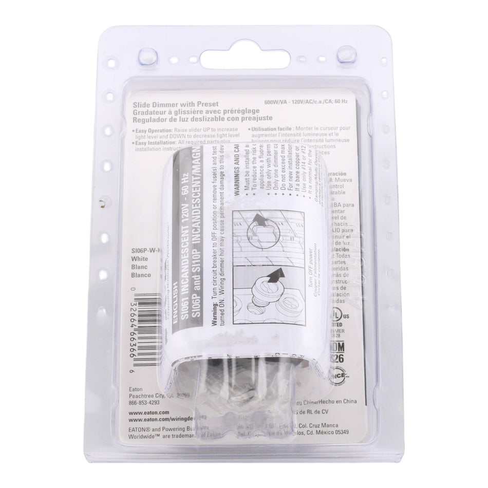 Eaton SI06P-W-K 600W 1P/3W 120V Slide Dimmer - Image 2