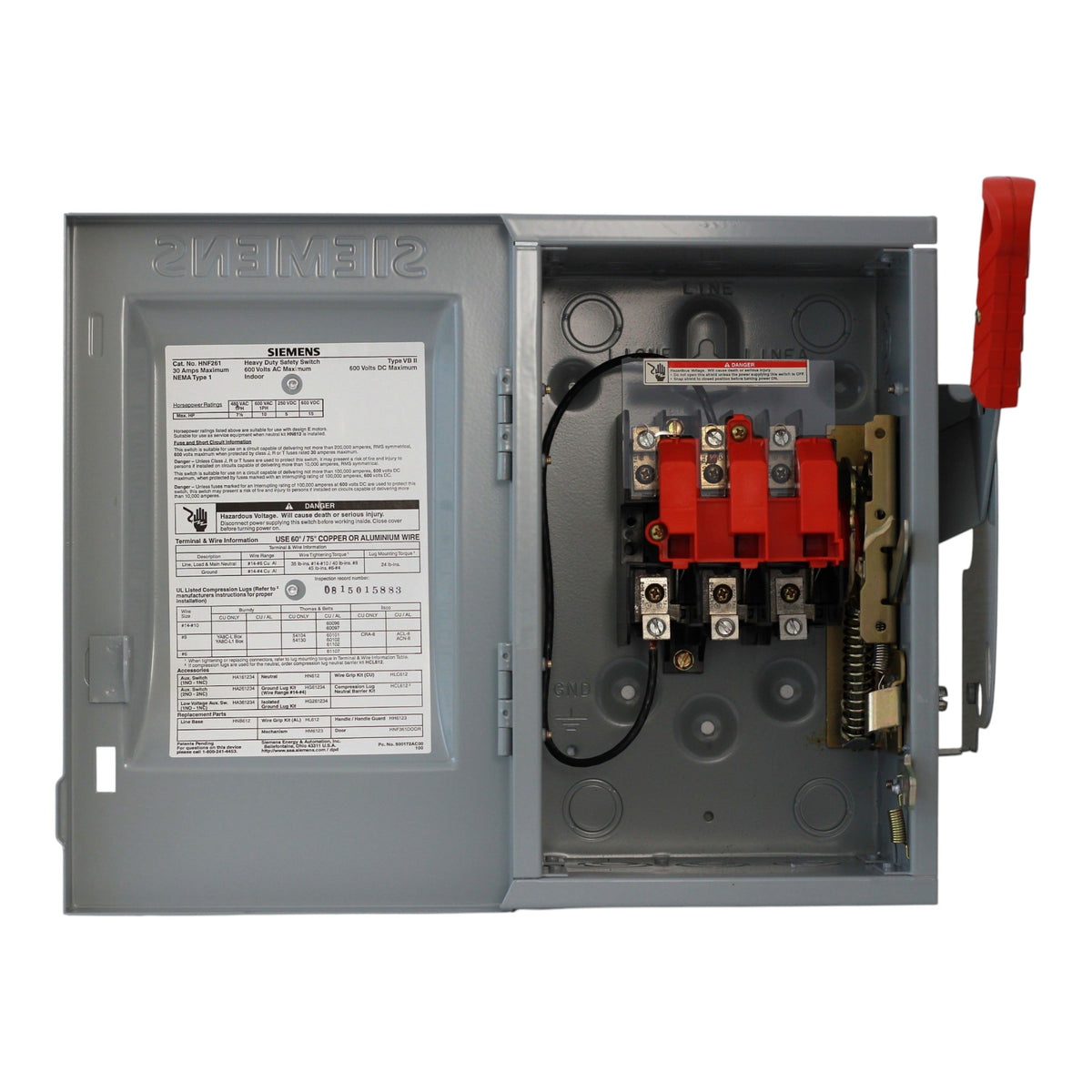 Siemens HNF, HNF261, 30A, 2-Pole, 600V, NEMA 1, Non-Fusible Heavy Duty Safety Switch - Image 3