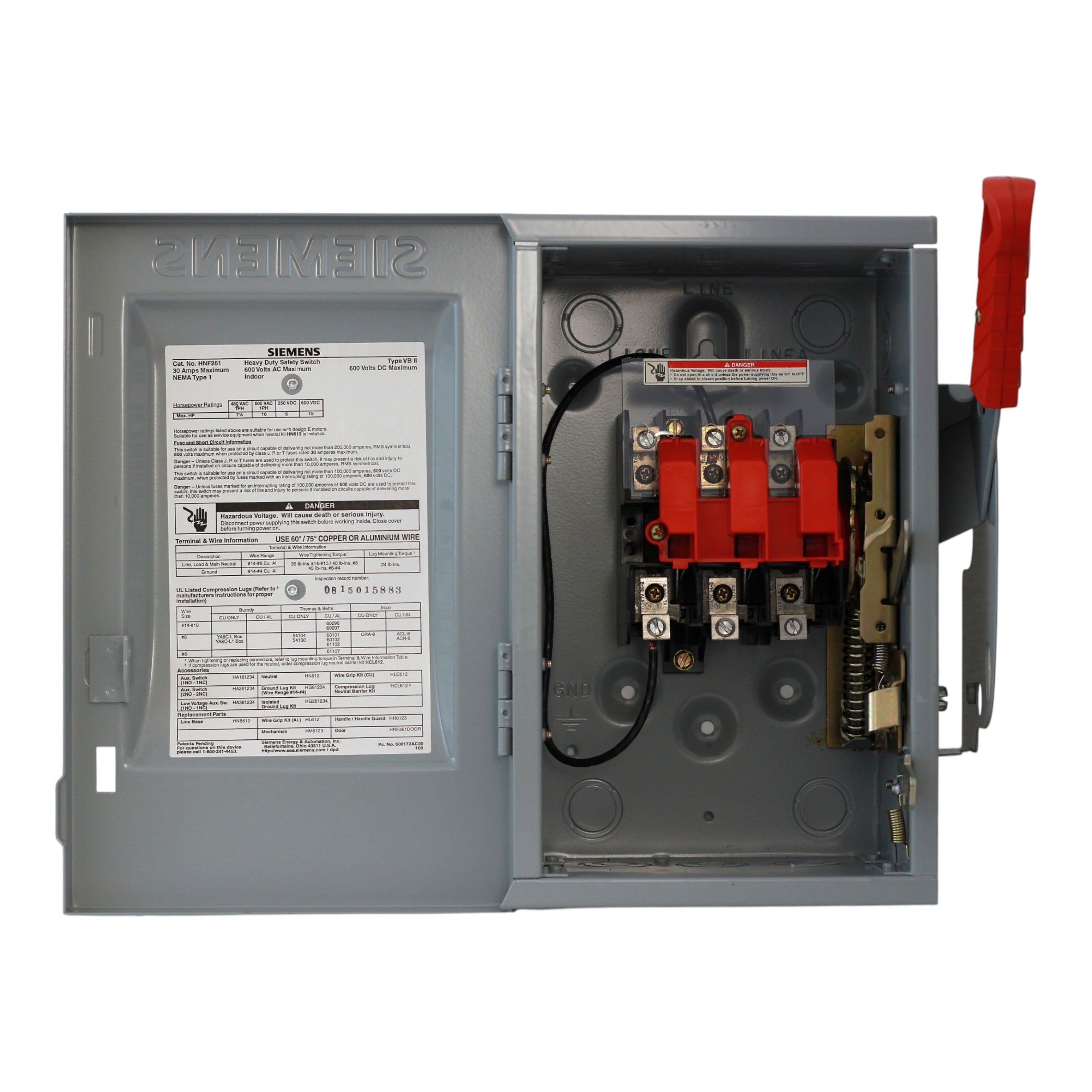Siemens HNF, HNF261, 30A, 2-Pole, 600V, NEMA 1, Non-Fusible Heavy Duty Safety Switch - Image 3