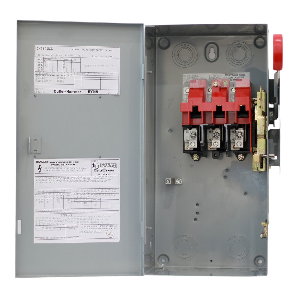 Eaton DH, DH361UGK, 30A, 3P, 600V, Non-Fusible, NEMA 1, Heavy Duty Safety Switch - Image 5