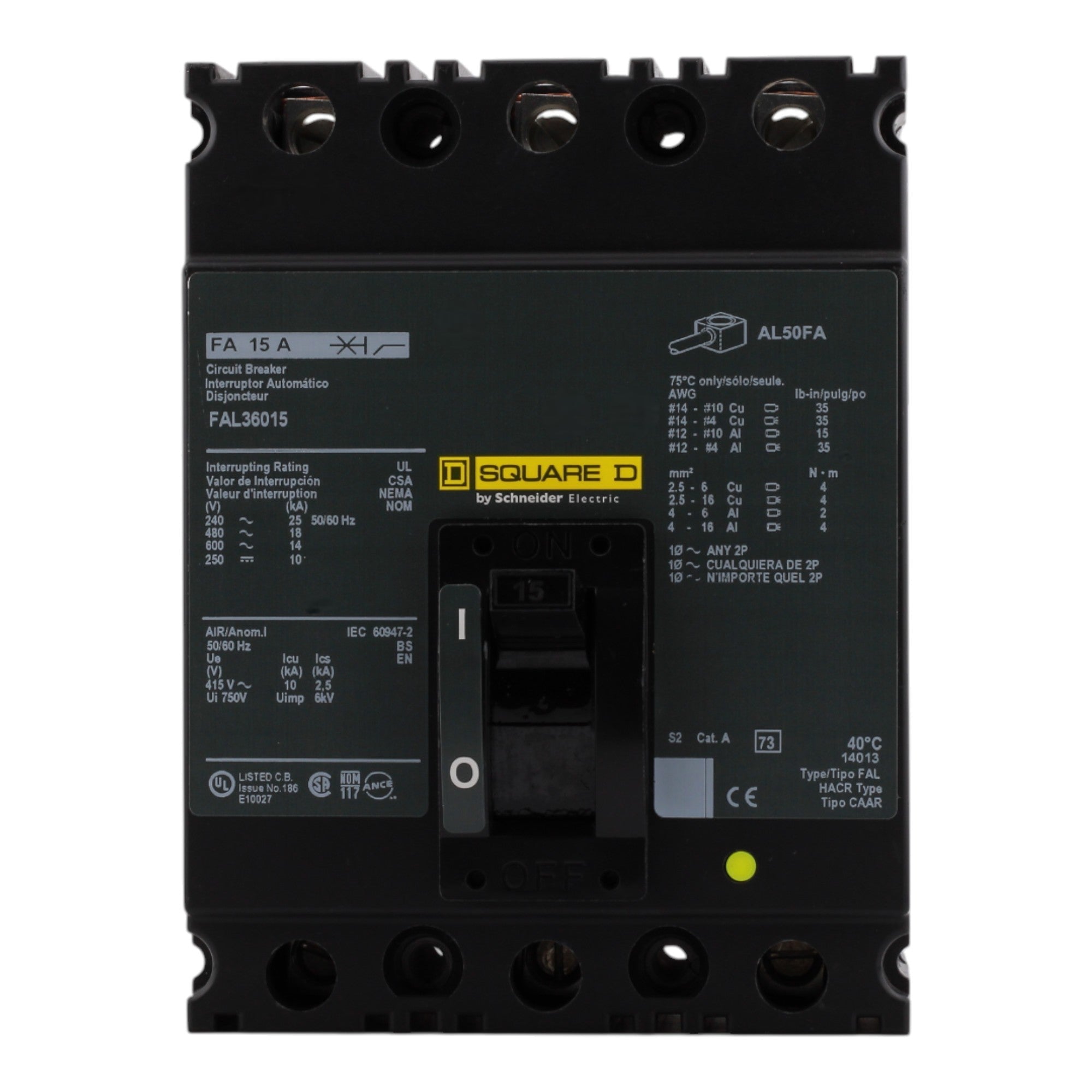 Square D FA FAL36015 15A 3P 600V Thermal-Magnetic Unit Mount Circuit Breaker - Image 4