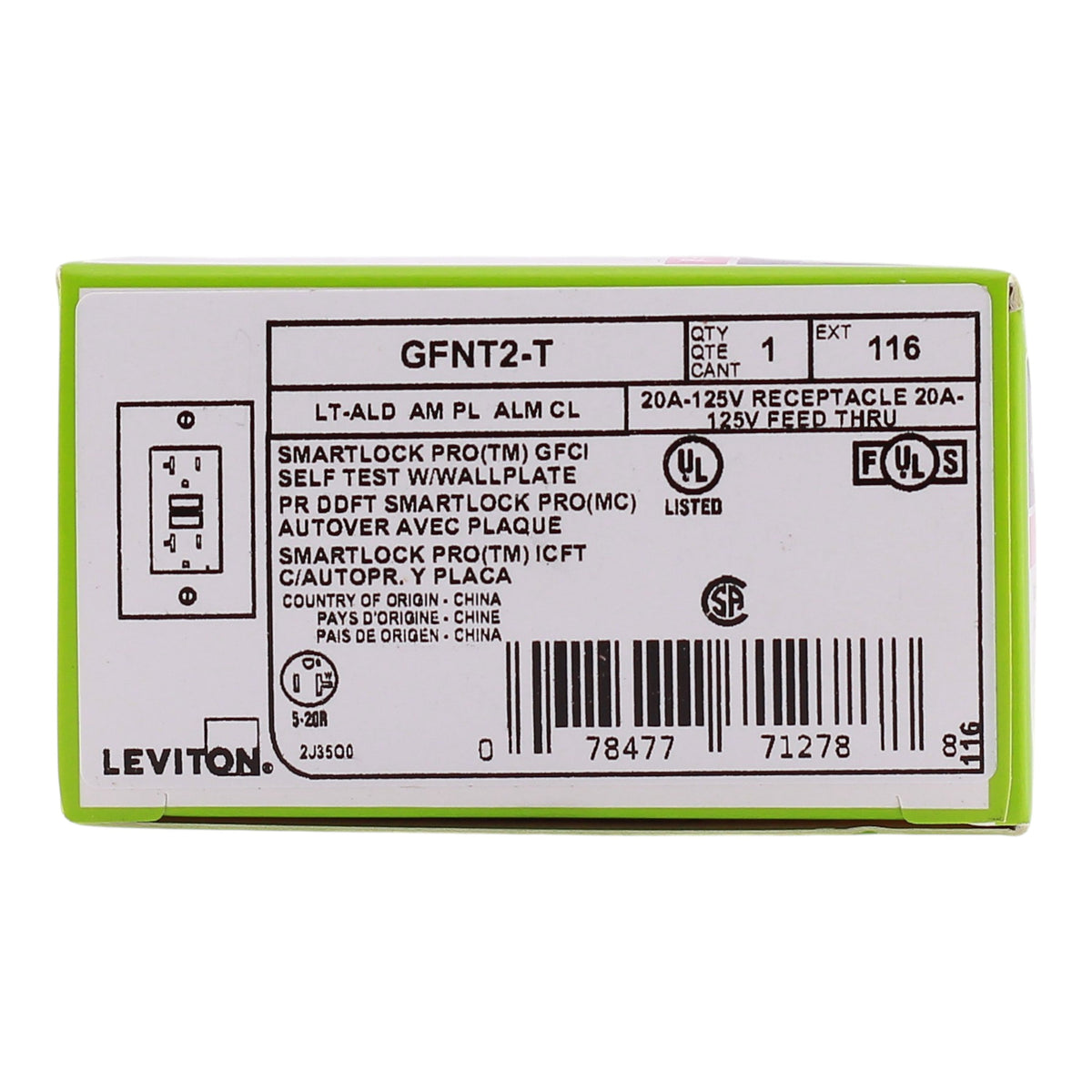 Leviton SmartlockPro, GFNT2-T, 20A, 2P, 125V, Slim GFCI, Non-Tamper Resistant, Outlet - Image 4