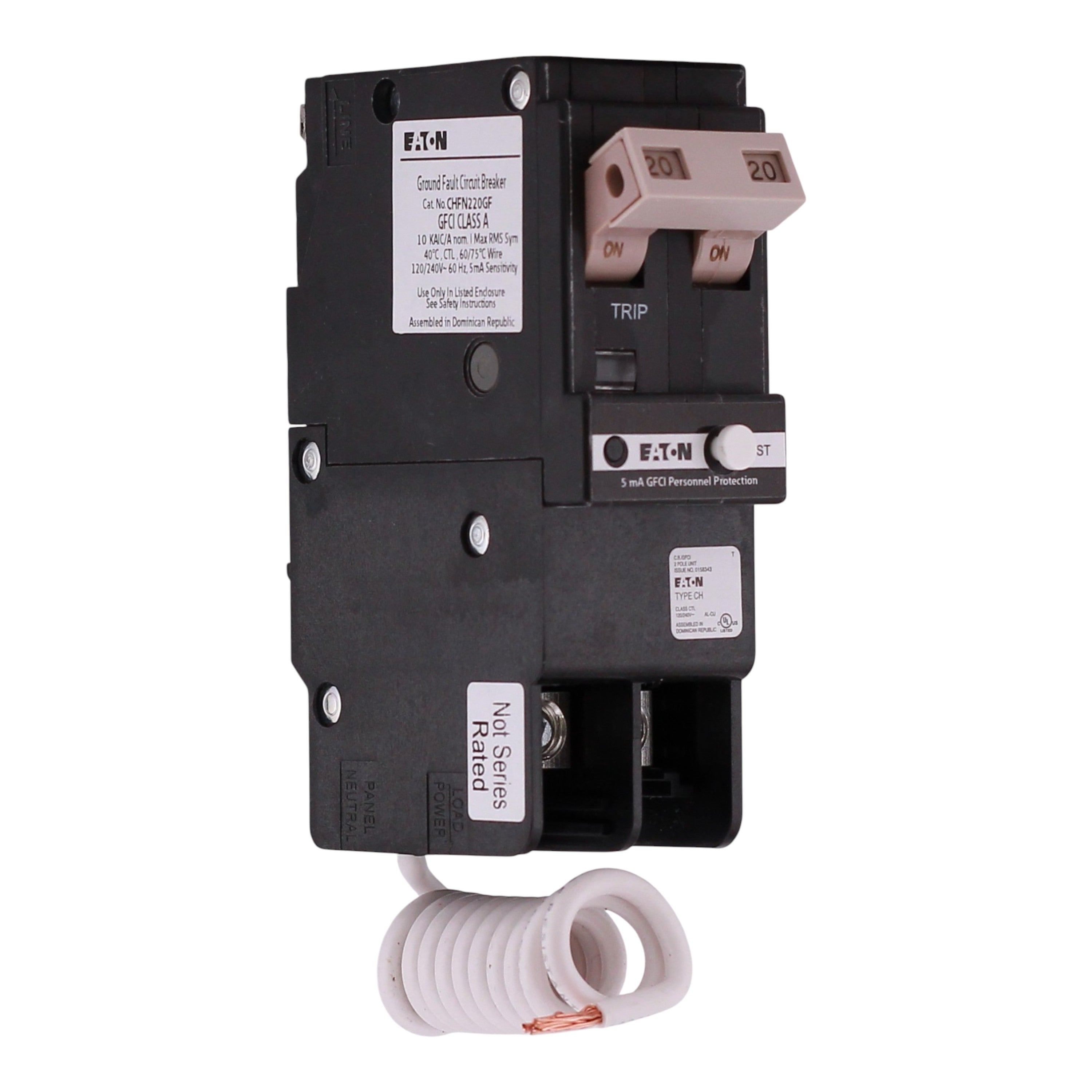 Eaton CH, CHFN220GF, 20A, 2P, 120/240V, GFCI, Pigtail Neutral, Circuit Breaker