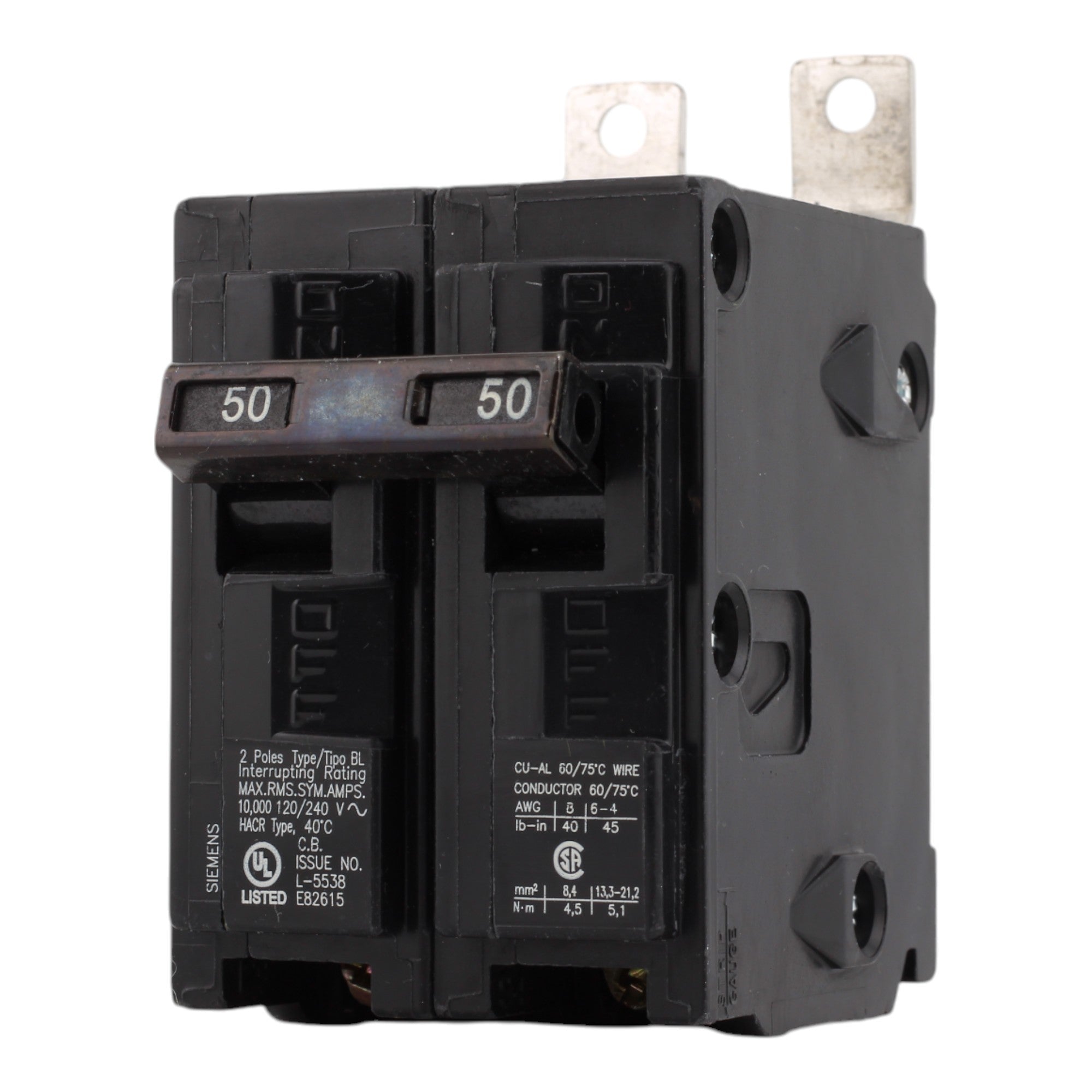 Siemens B250 50A 120/240V 2-Pole Thermal Magnetic Circuit Breaker, Type BL, 10kA Interrupt - Image 3