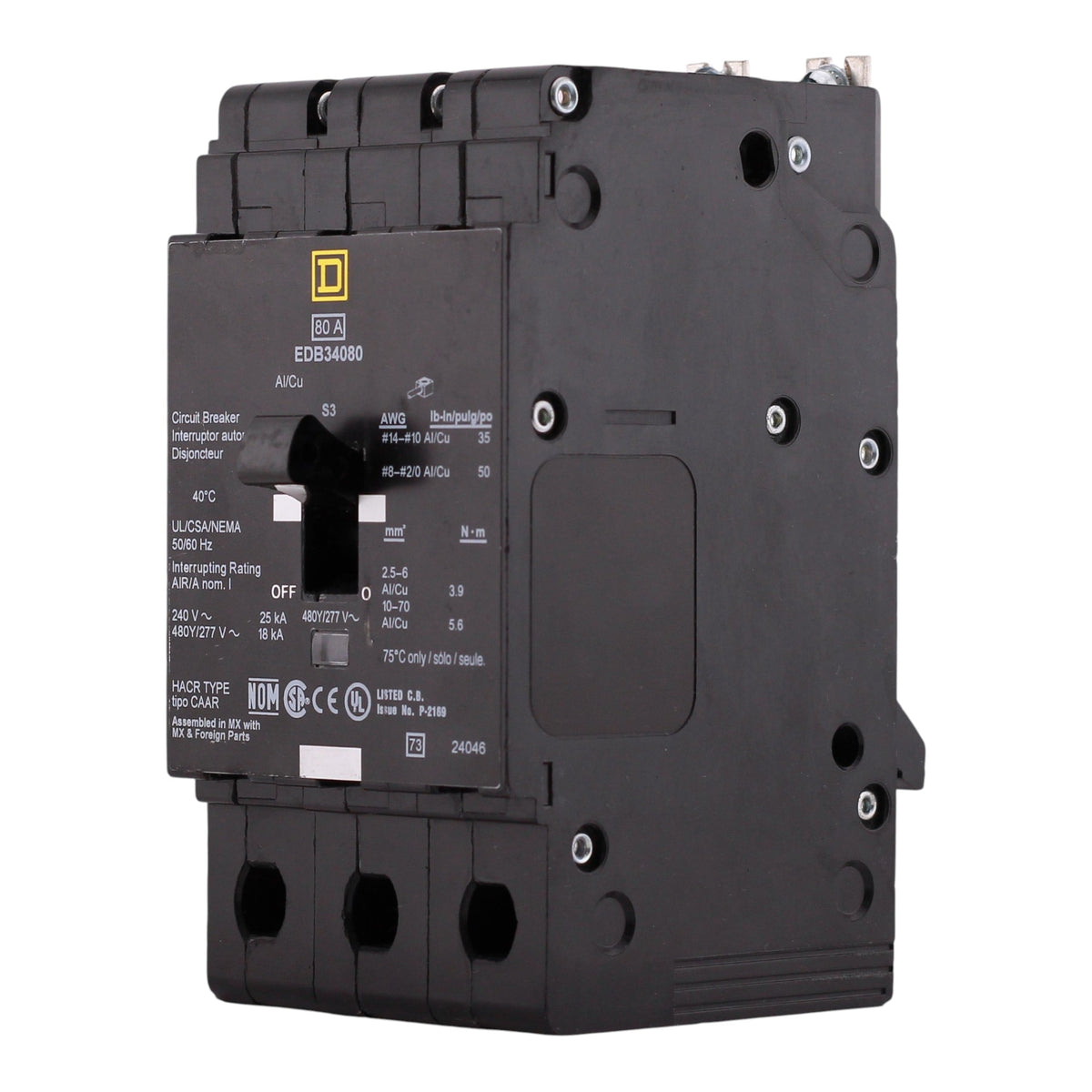 Square D E-Frame, EDB34080, 80A, 3P, 480Y/277VAC, 25kA, Bolt-On, Thermal Magnetic, Circuit Breaker - Image 4