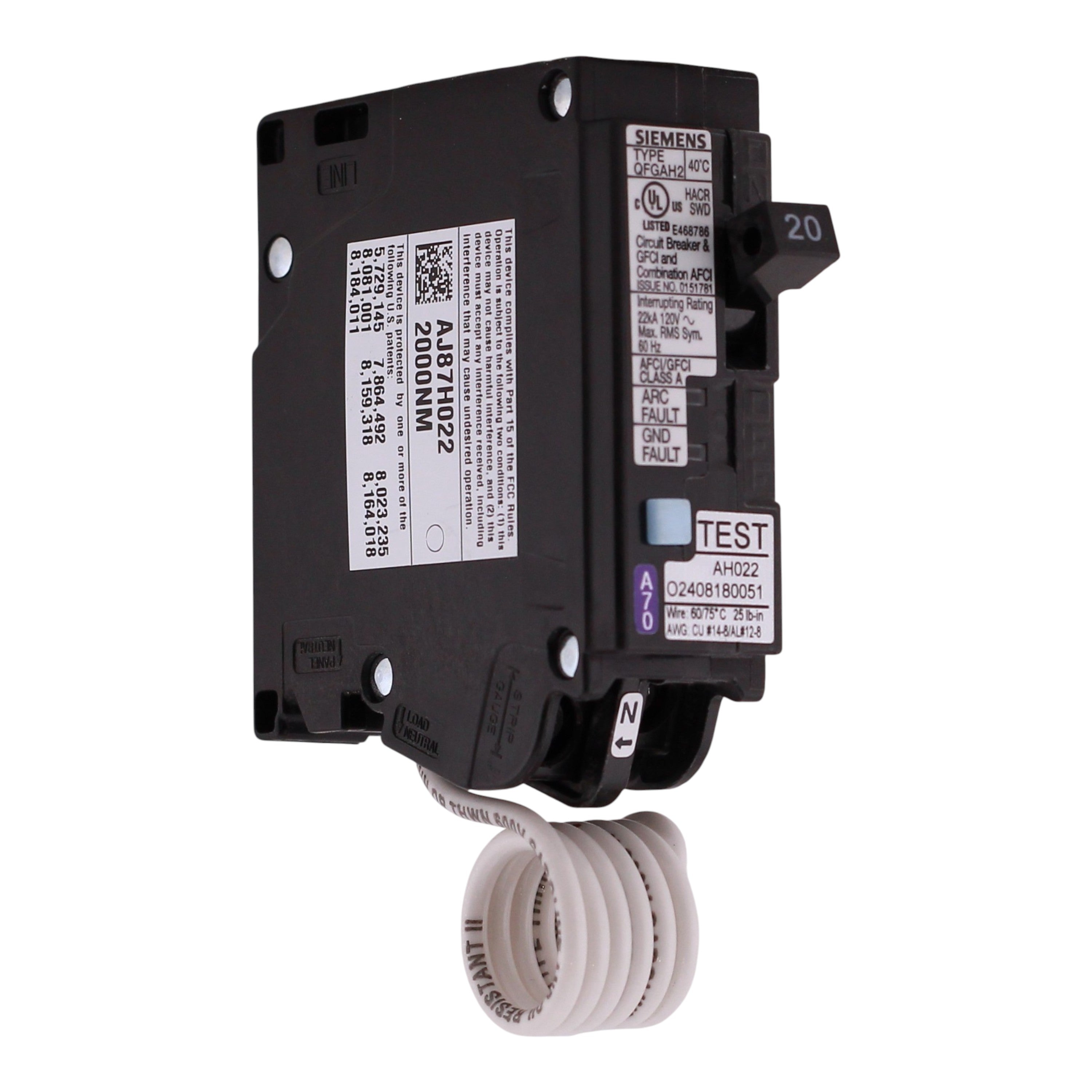 Siemens QFGA2, Q120DFH, 20A, 1P, 120V, Dual Function AFCI/GFCI, Pigtail Neutral, Circuit Breaker - Image 4