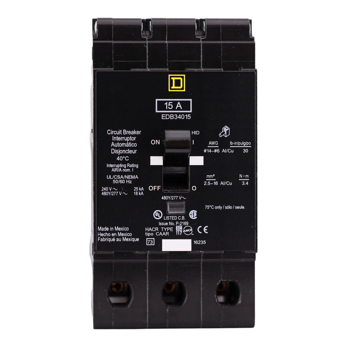 Square D E-Frame EDB34015 15A 3P 480Y/277V Thermal-Magnetic Bolt-On Circuit Breaker - Image 5