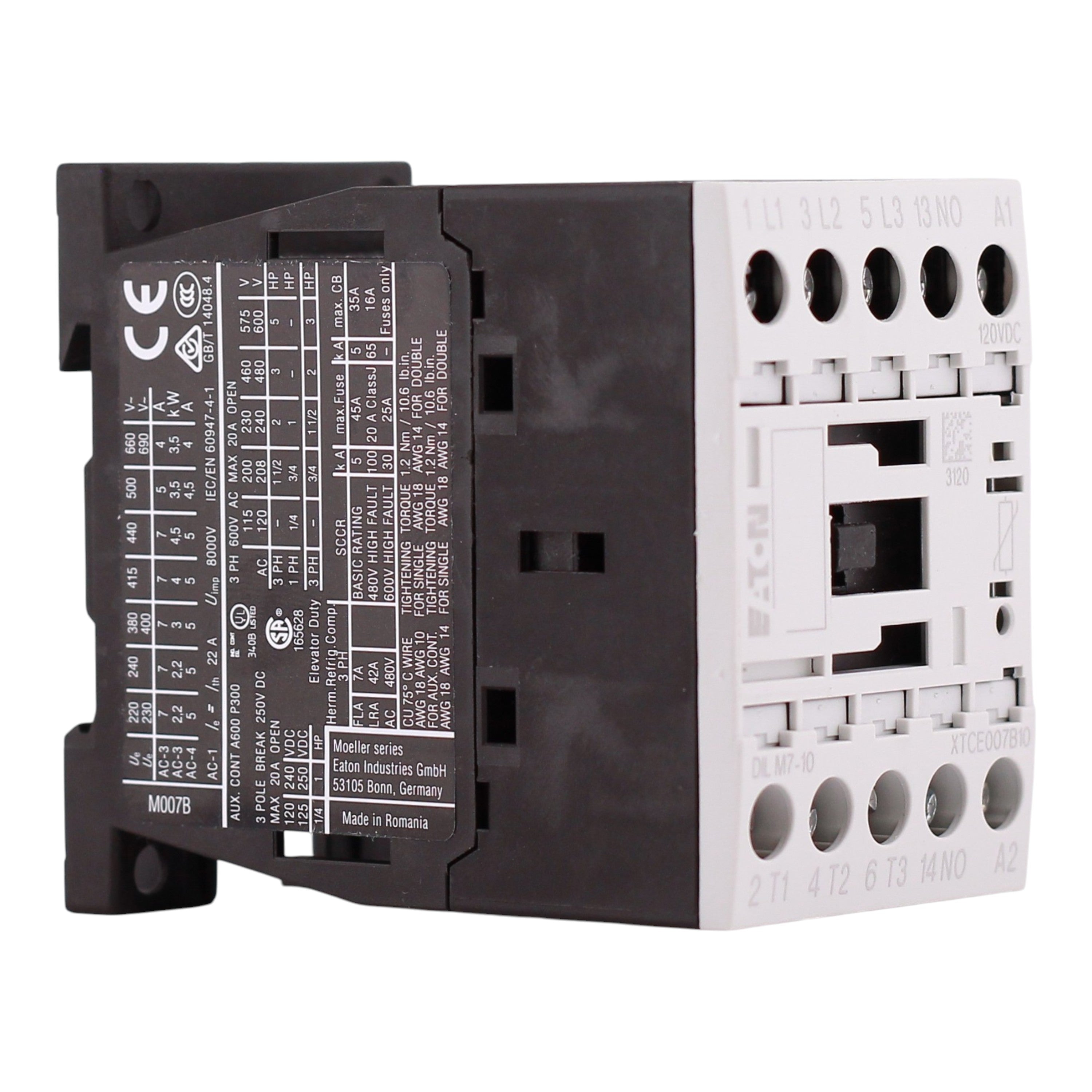Eaton XT IEC, XTCE007B10AD, 7A, 3-Pole, 690VAC, 120VDC Coil, Full Voltage Non-Reversing Contactor - Image 2