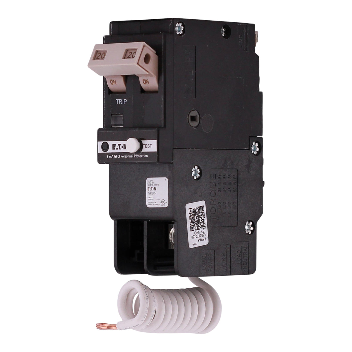 Eaton CH, CHFN220GF, 20A, 2P, 120/240V, GFCI, Pigtail Neutral, Circuit Breaker - Image 2