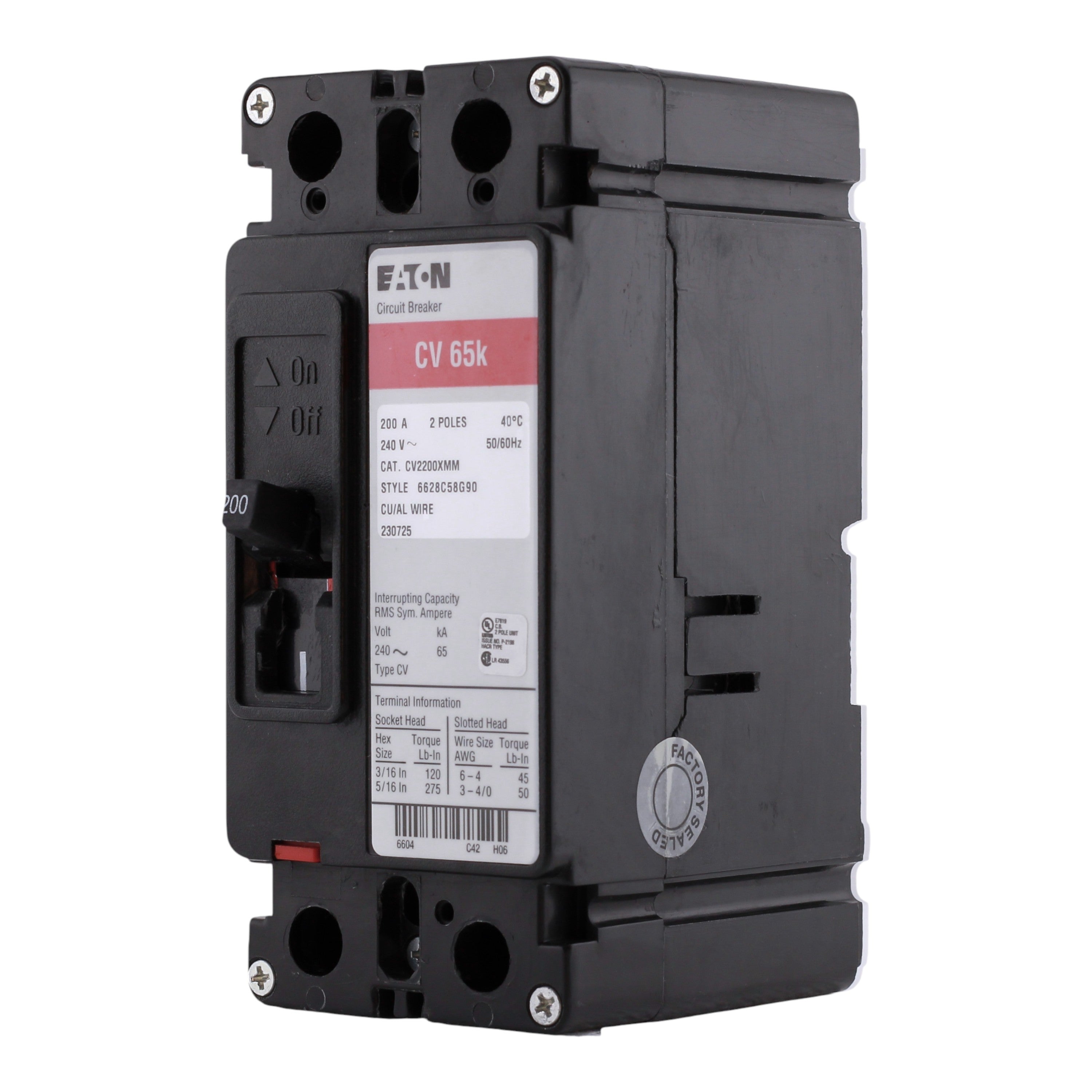 Eaton Type CV CV2200XMM 200A 2P 120/240V 65kAIC Tenant Main Circuit Breaker - Image 2