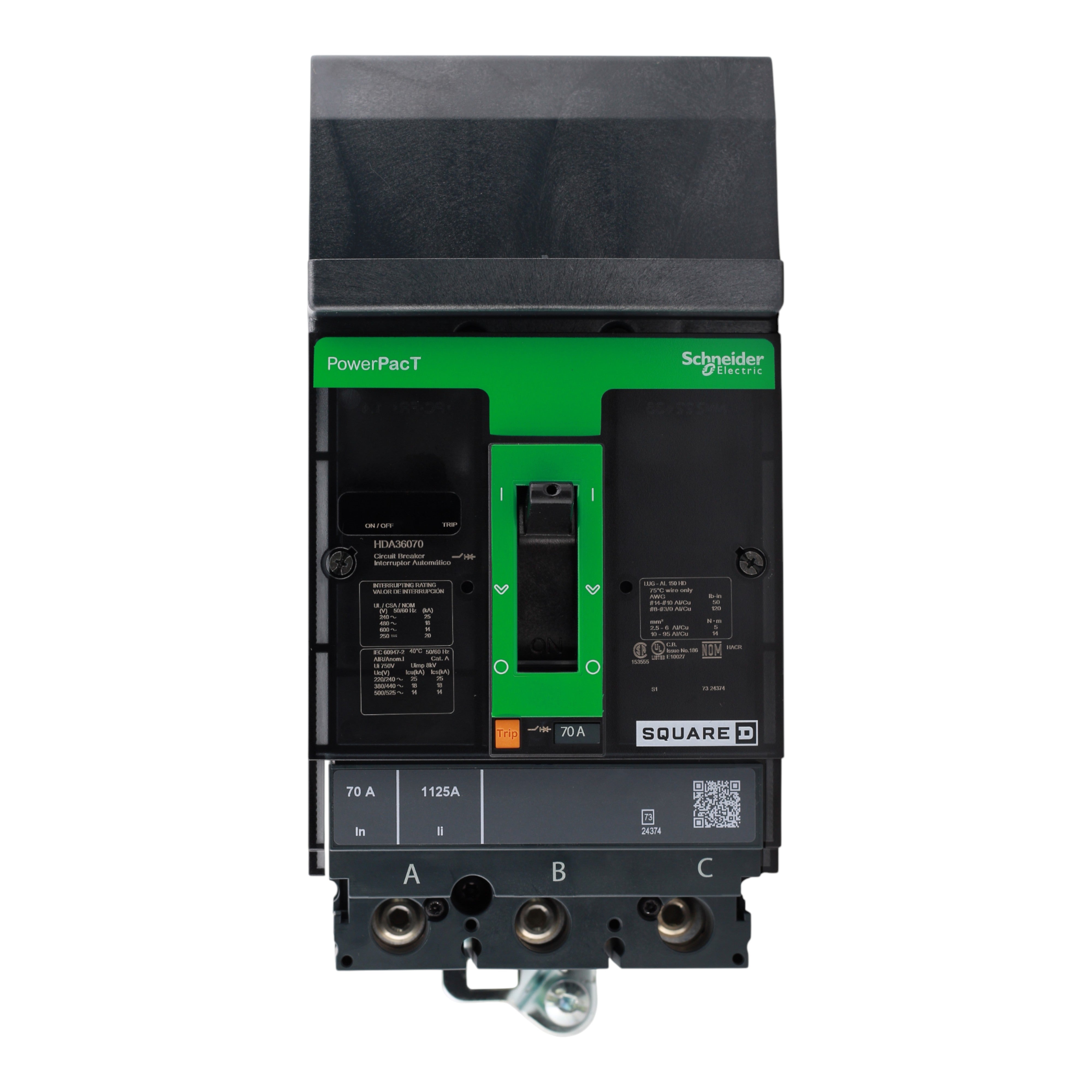 Square D HDA36070 Circuit breaker, PowerPacT H, 70A, 3 pole, 600VAC, 14kA, I-Line, thermal magnetic, 80%, ABC - Image 5