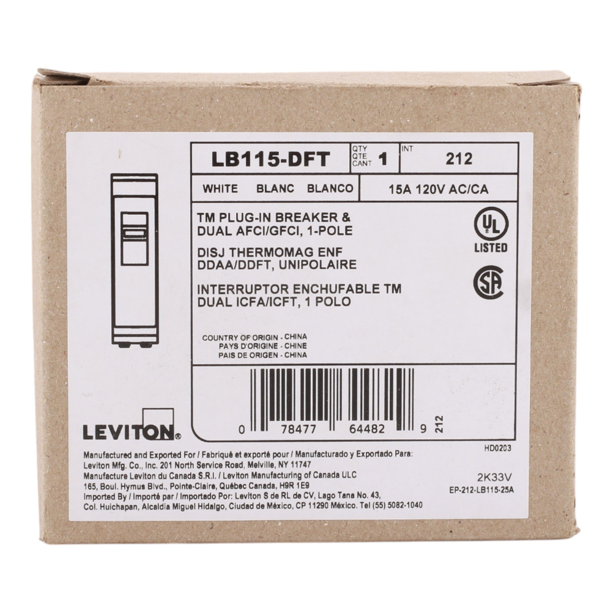 Leviton LB115-DFT 15A 1P 120V AFCI/GFCI Circuit Breaker - Image 2