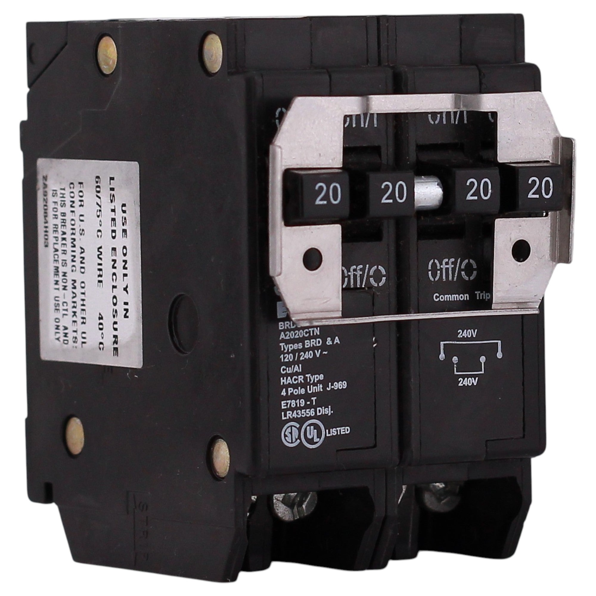 Eaton BRD, BRDC220220, 20A, 4P, 120/240V, Quadplex, Plug-On, Non-CTL, Circuit Breaker