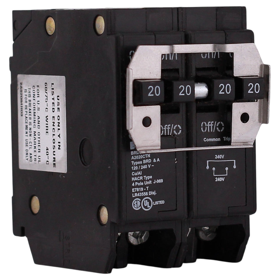 Eaton BRD, BRDC220220, 20A, 4P, 120/240V, Quadplex, Plug-On, Non-CTL, Circuit Breaker