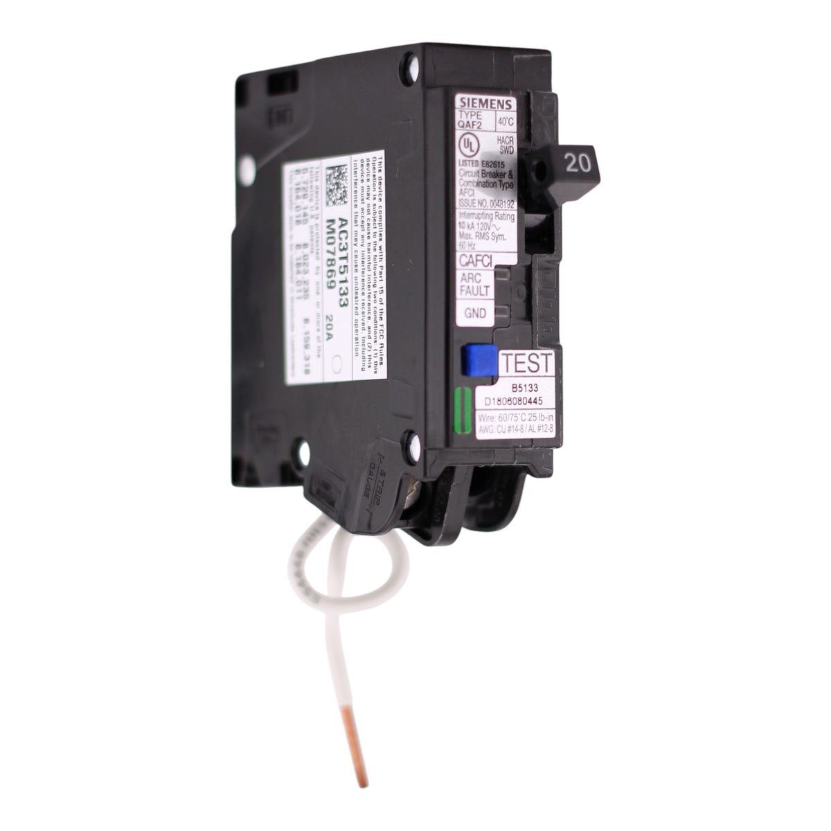 Siemens QA, QA120AFCWG, 20A, 1P, 120V, AFCI, Pigtail Neutral, Circuit Breaker