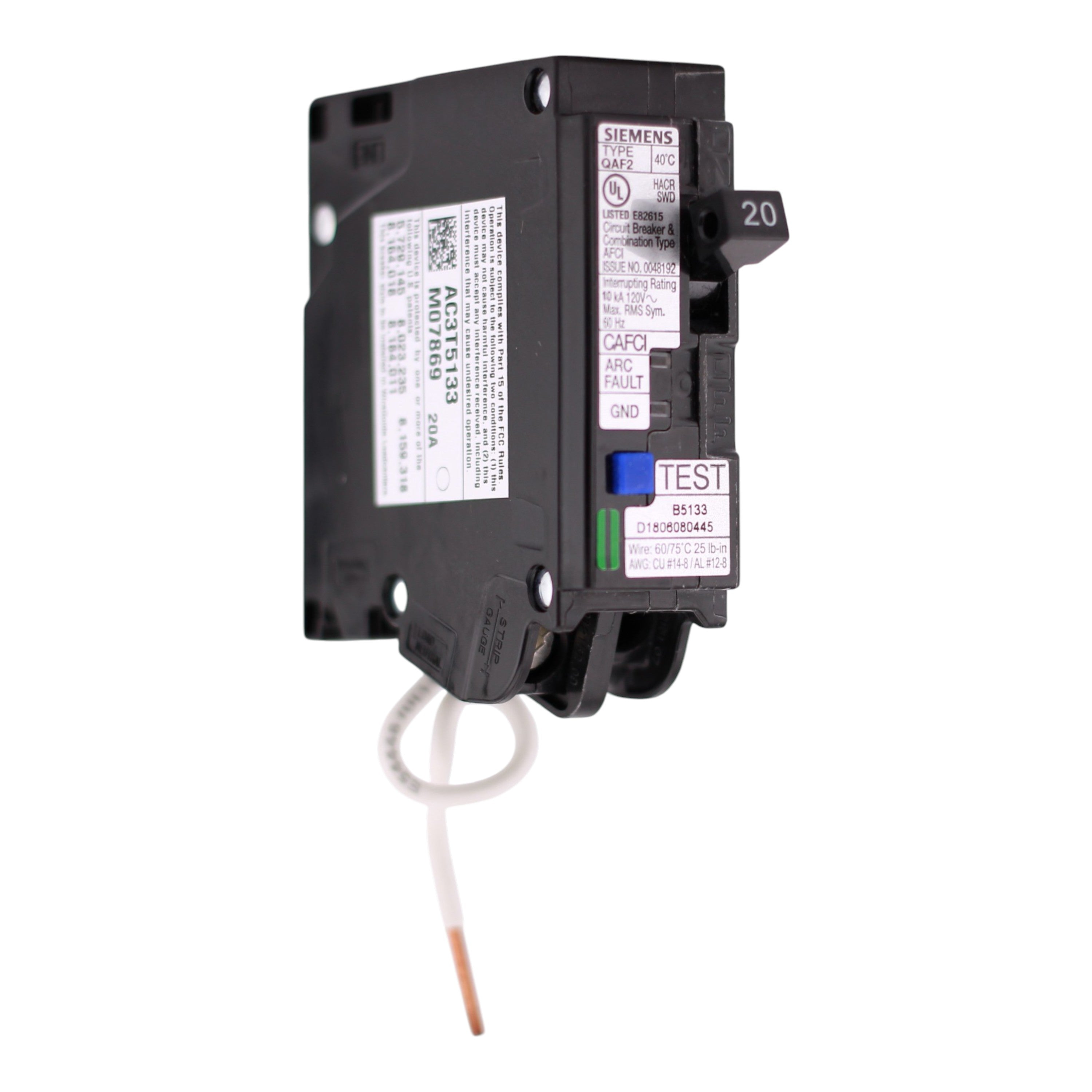 Siemens QA, QA120AFCWG, 20A, 1P, 120V, AFCI, Pigtail Neutral, Circuit Breaker
