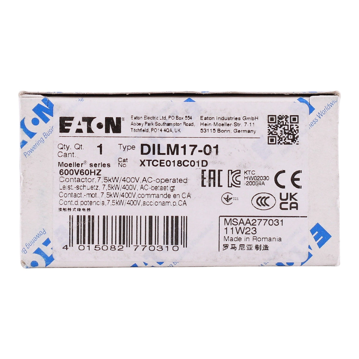 Eaton XT IEC, XTCE018C01D, 18A, 3-Pole, 690VAC, 550/600VAC Coil, Full Voltage Non-Reversing Contactor - Image 4