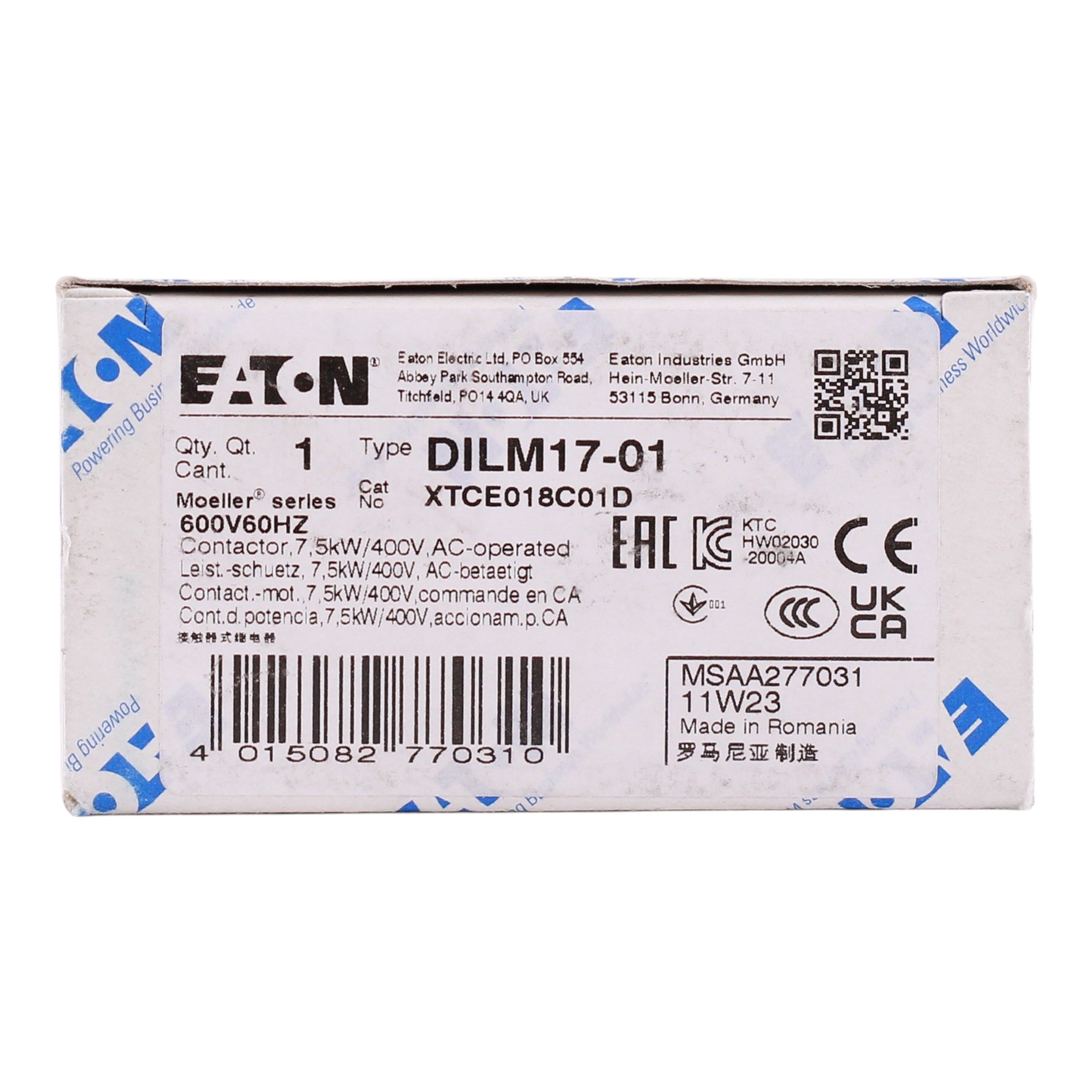 Eaton XT IEC, XTCE018C01D, 18A, 3-Pole, 690VAC, 550/600VAC Coil, Full Voltage Non-Reversing Contactor - Image 4