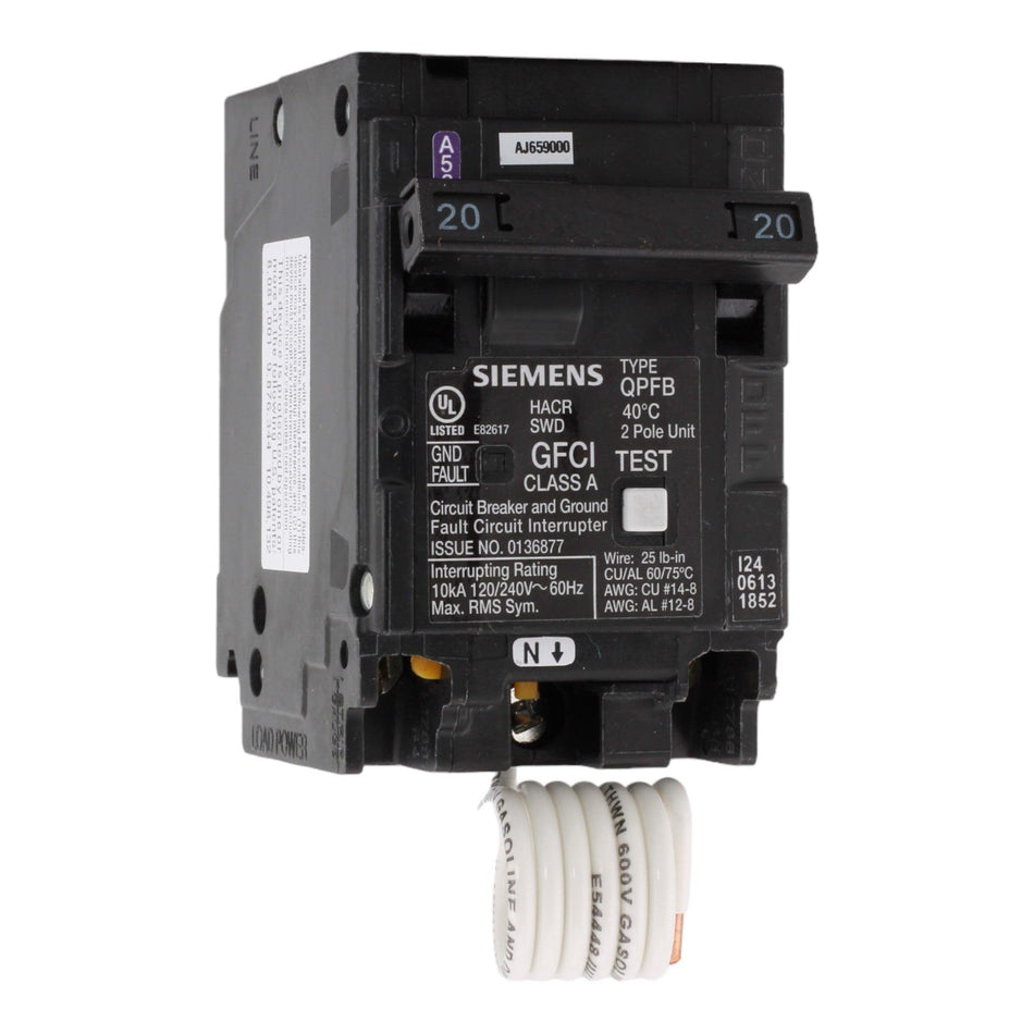 Siemens Q220GF 20A 2P 240V GFCI Pigtail Neutral Circuit Breaker