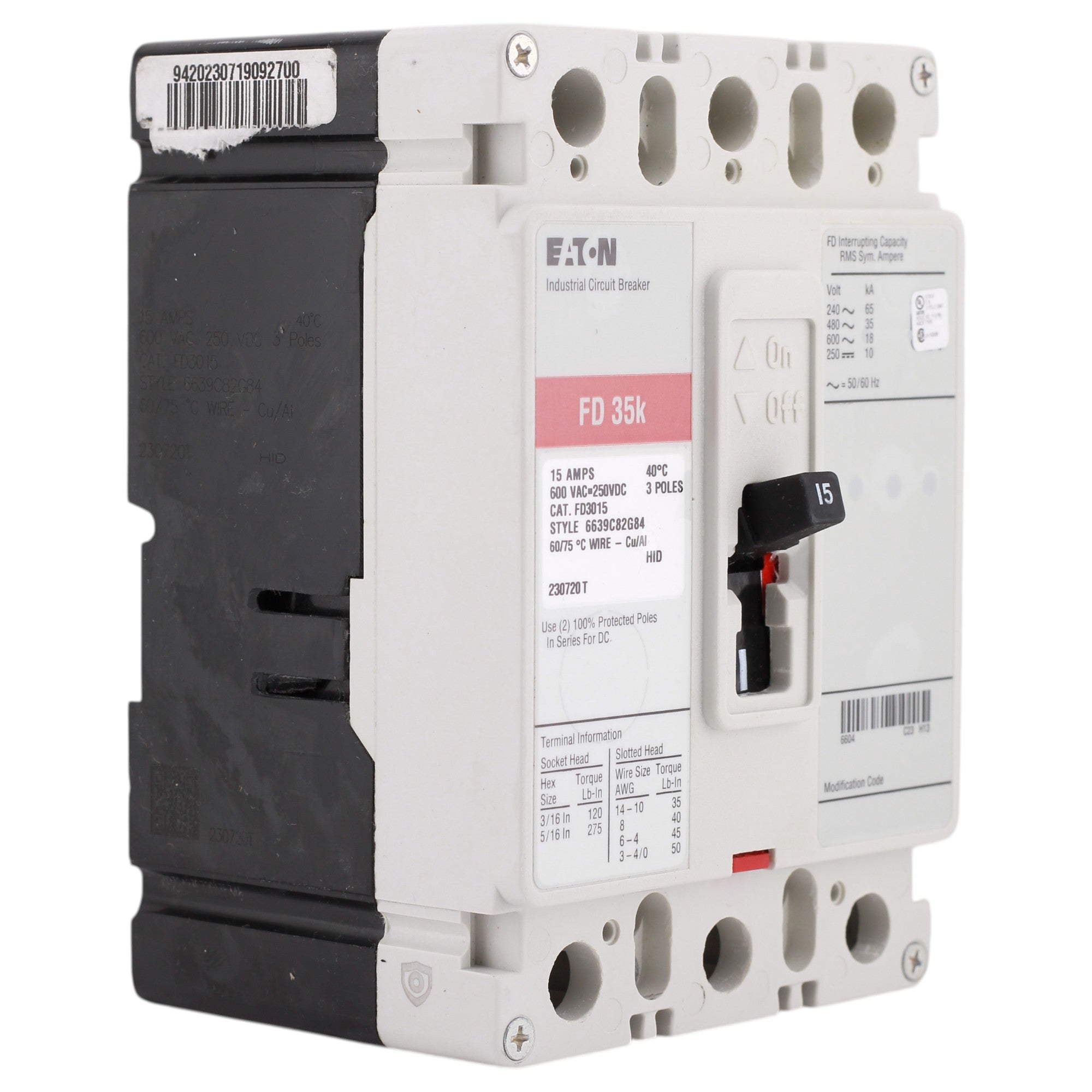 Eaton Series C, FD3015, 15A, 3P, 600V, Thermal Magnetic, Circuit Breaker