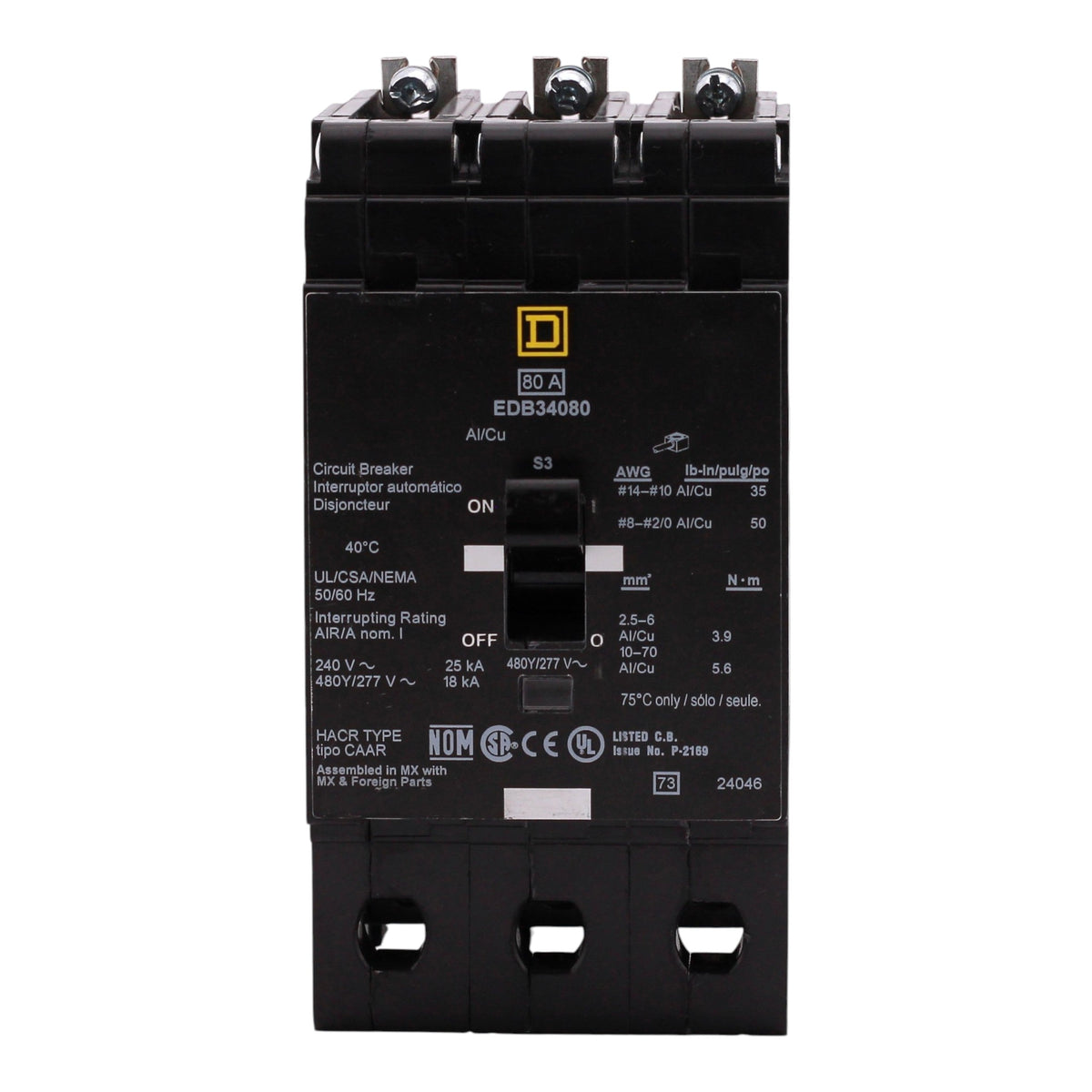 Square D E-Frame, EDB34080, 80A, 3P, 480Y/277VAC, 25kA, Bolt-On, Thermal Magnetic, Circuit Breaker - Image 5