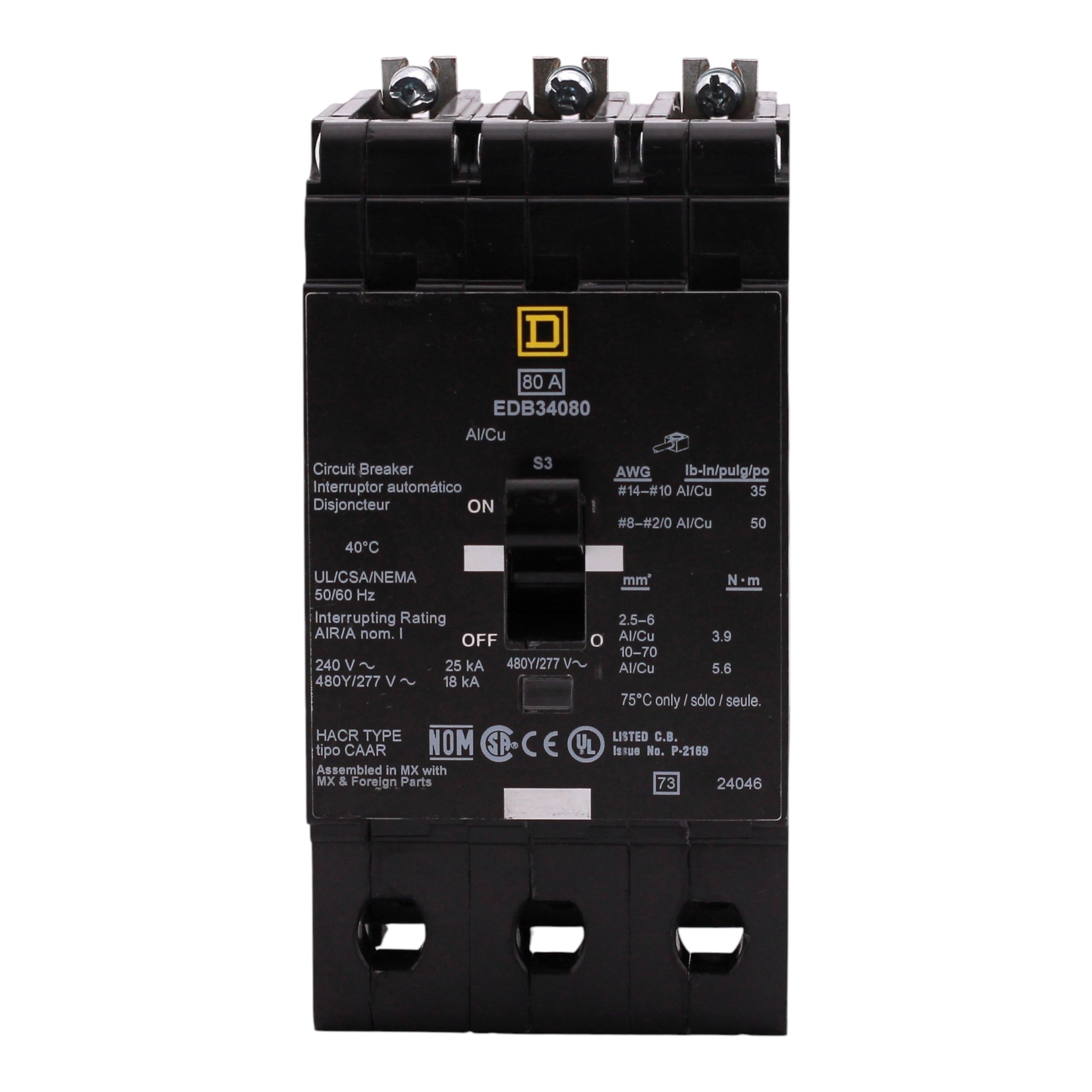 Square D E-Frame, EDB34080, 80A, 3P, 480Y/277VAC, 25kA, Bolt-On, Thermal Magnetic, Circuit Breaker - Image 5