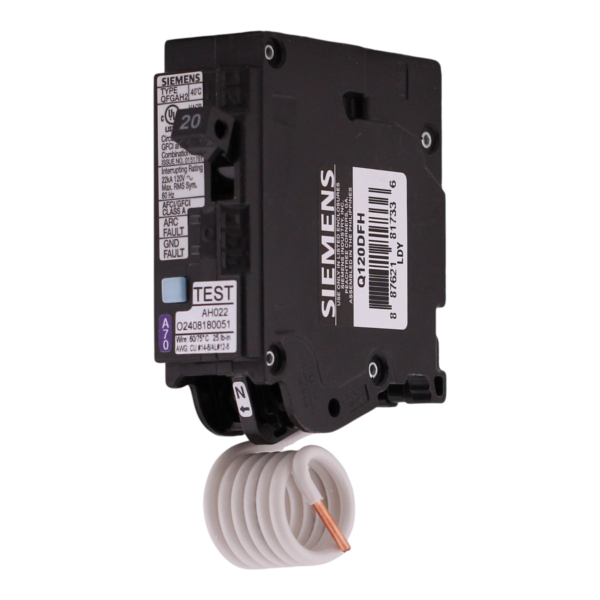 Siemens QFGA2, Q120DFH, 20A, 1P, 120V, Dual Function AFCI/GFCI, Pigtail Neutral, Circuit Breaker - Image 5