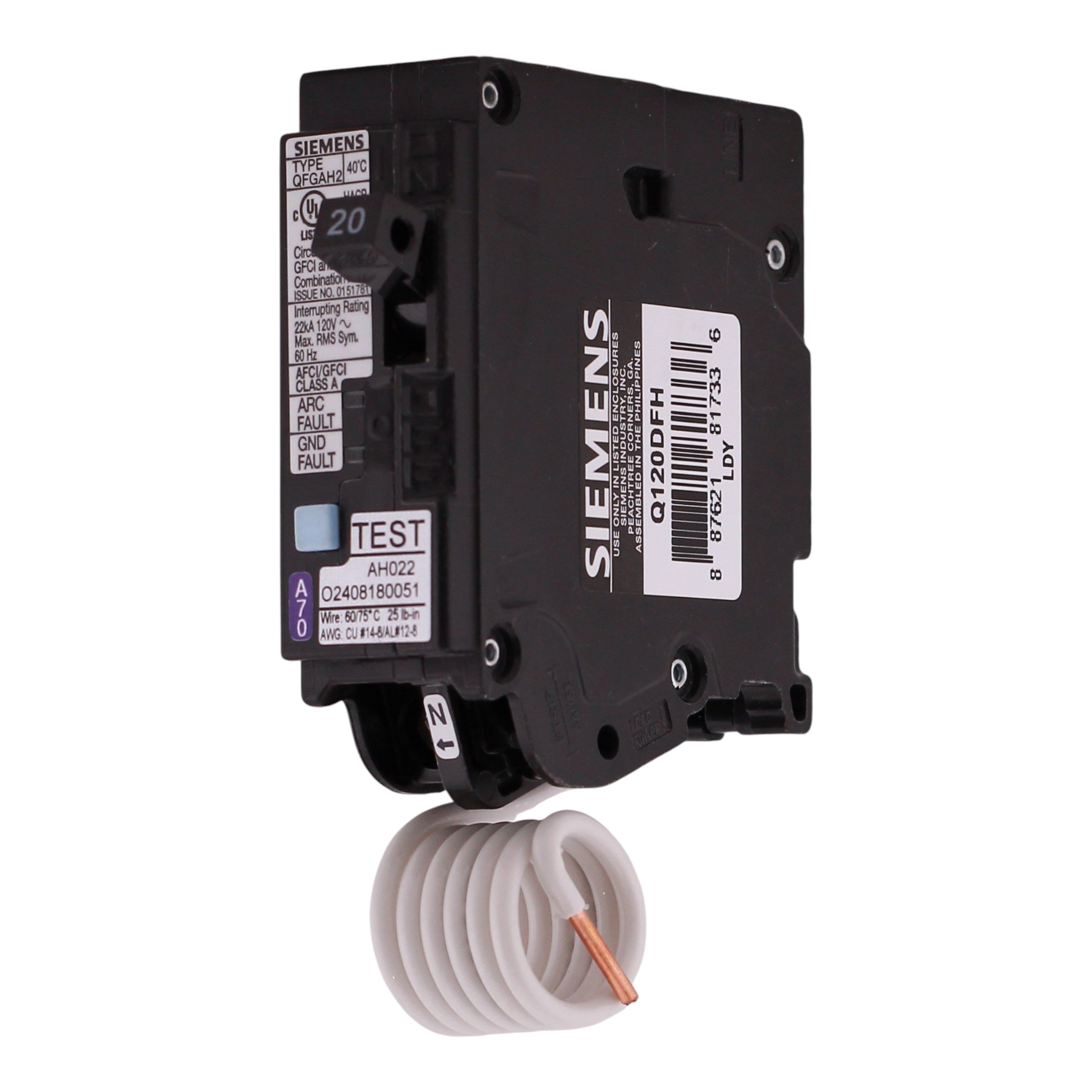 Siemens QFGA2, Q120DFH, 20A, 1P, 120V, Dual Function AFCI/GFCI, Pigtail Neutral, Circuit Breaker - Image 5