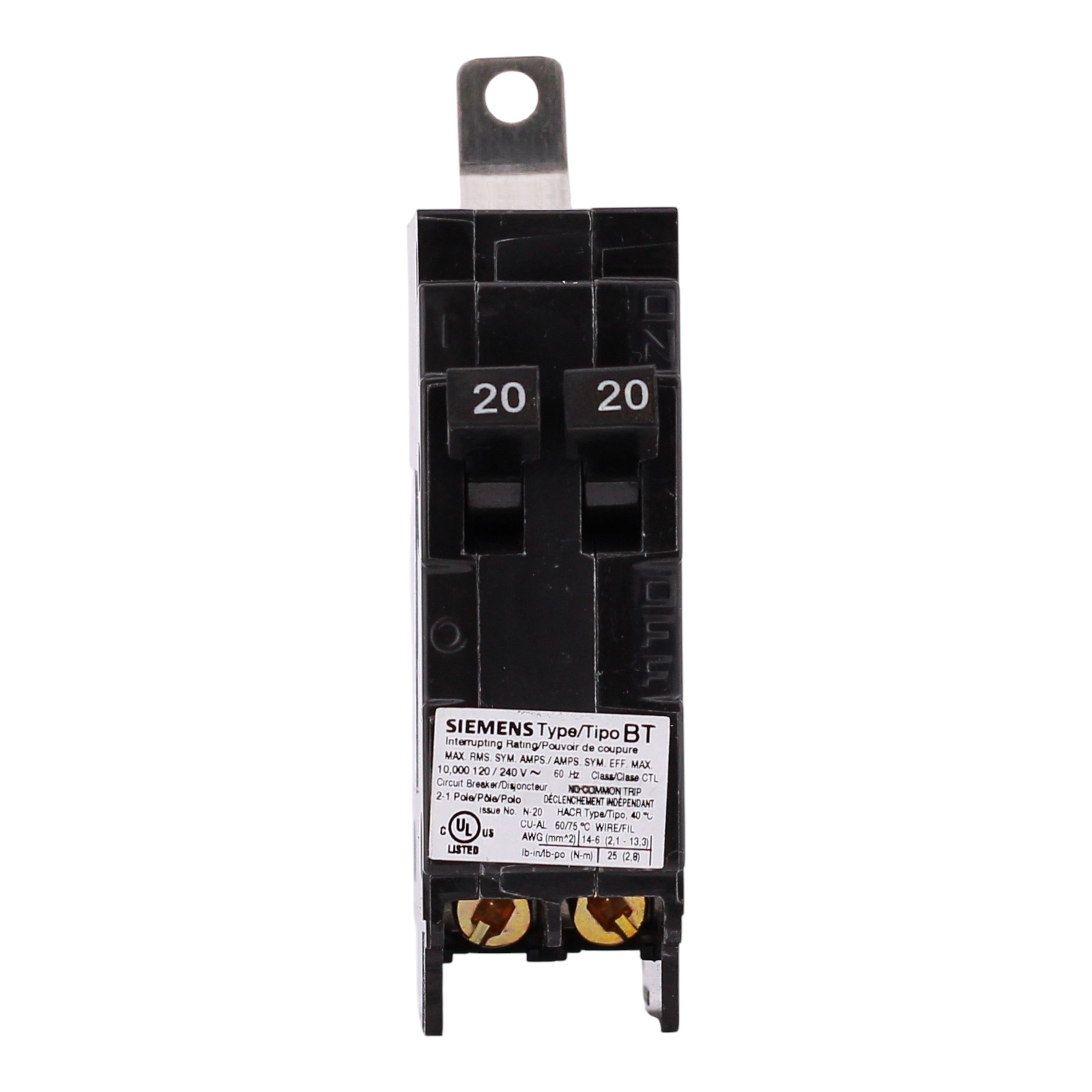 Siemens BT, B2020, 20/20A, 1P, 120V, Duplex, Bolt-On, Circuit Breaker - Image 3