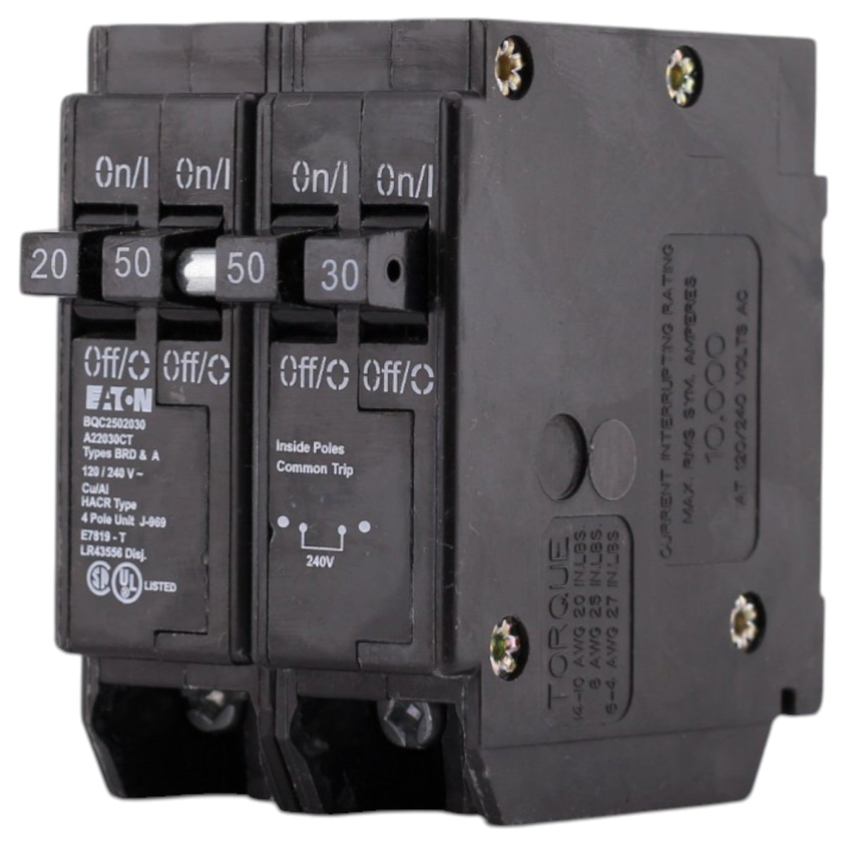 Eaton BR, BQC2502030, 20A/30A/50A, 4P, 120/240V, 10kAIC, CTL Quadplex, Plug-On, Circuit Breaker - Image 3