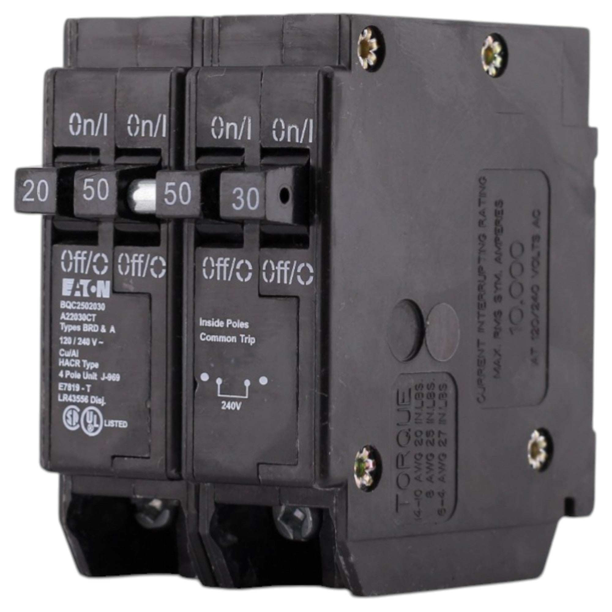 Eaton BR, BQC2502030, 20A/30A/50A, 4P, 120/240V, 10kAIC, CTL Quadplex, Plug-On, Circuit Breaker - Image 3
