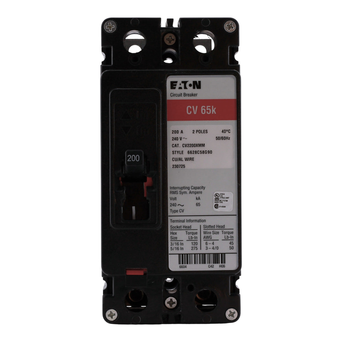 Eaton Type CV CV2200XMM 200A 2P 120/240V 65kAIC Tenant Main Circuit Breaker - Image 5