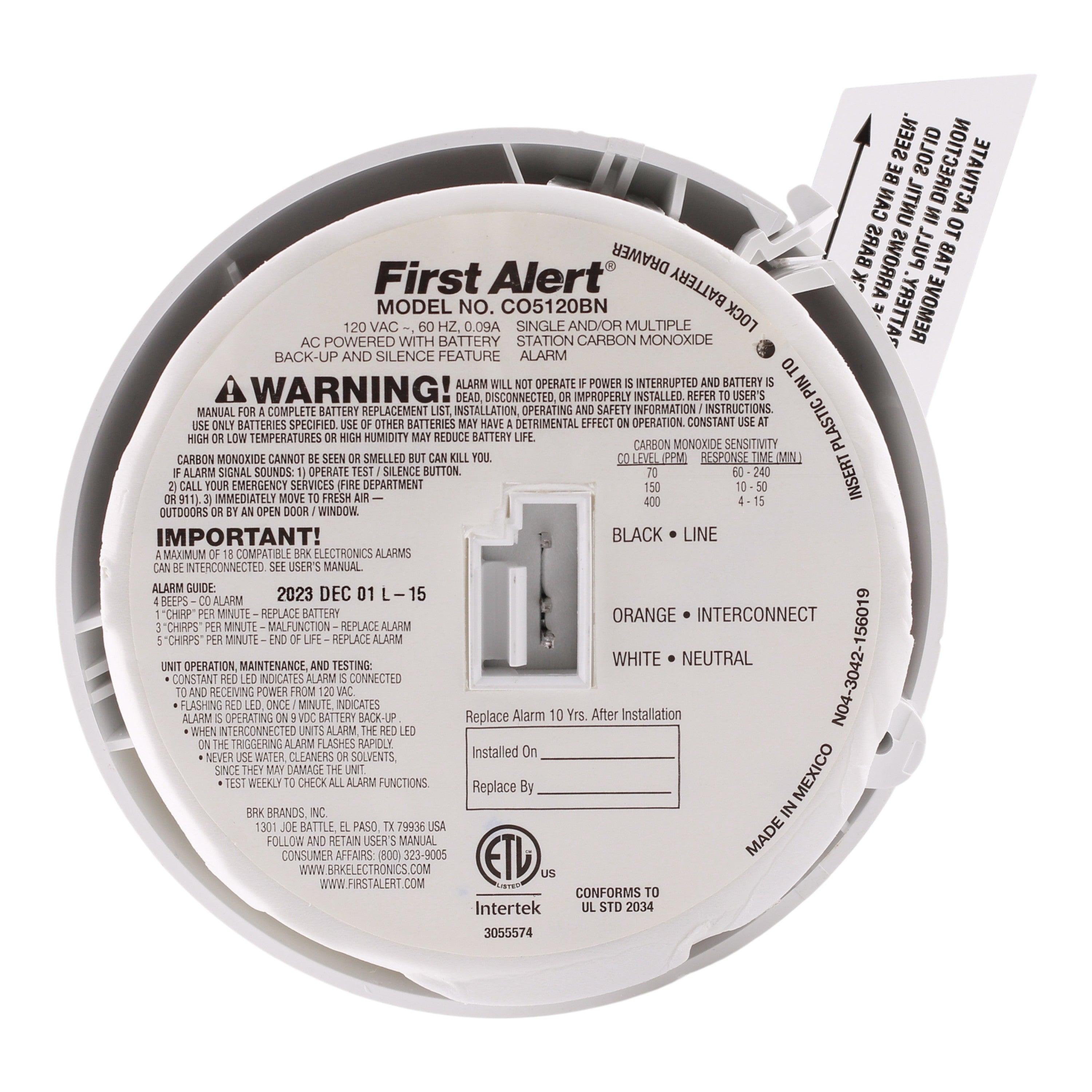 BRK CO5120BN, 120V AC/DC, Hardwired, Carbon Monoxide Alarm, 9V Battery Backup - Image 9