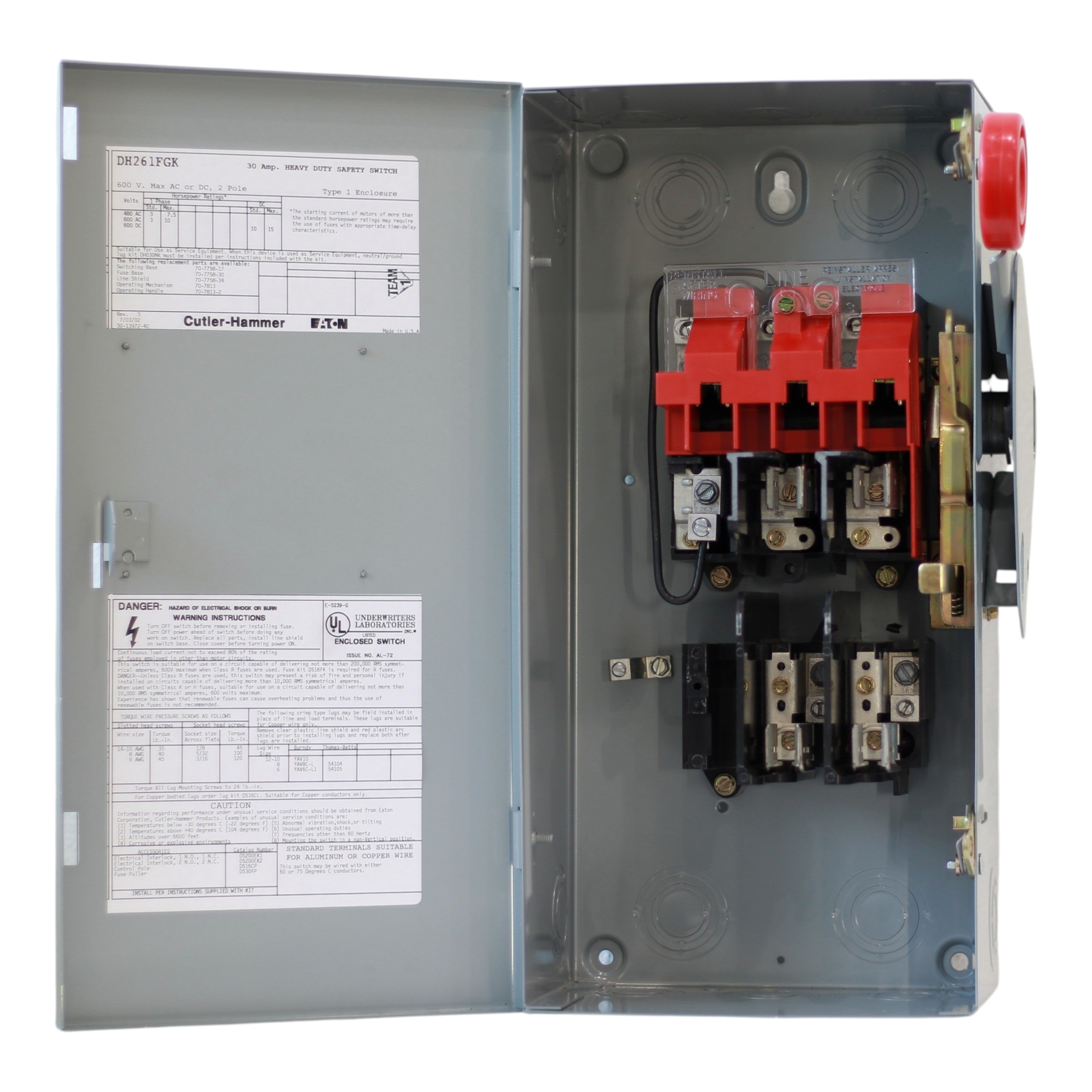 Eaton DH, DH261FGK, 30A, 2P, 600V, Fusible, Class H, NEMA 1, Heavy Duty Safety Switch - Image 5